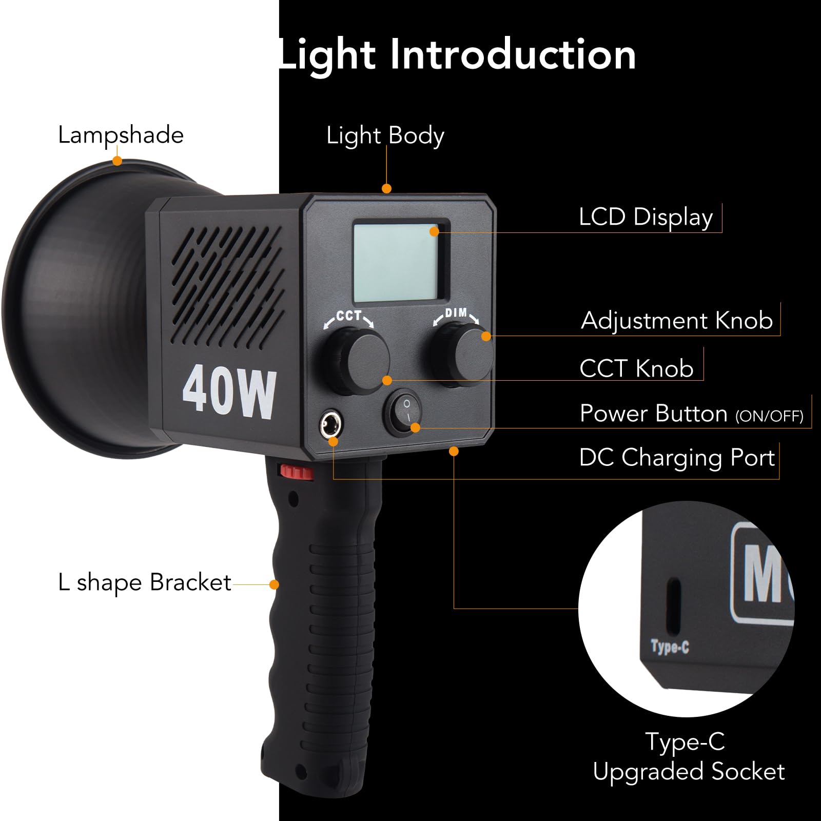 M60 Handle Led Video Light Mini Cob Led Protable Bi Color Cct 2500 8500K Cri=95 Tlci=97 Built In 3400Mah Battery With Diffuser P