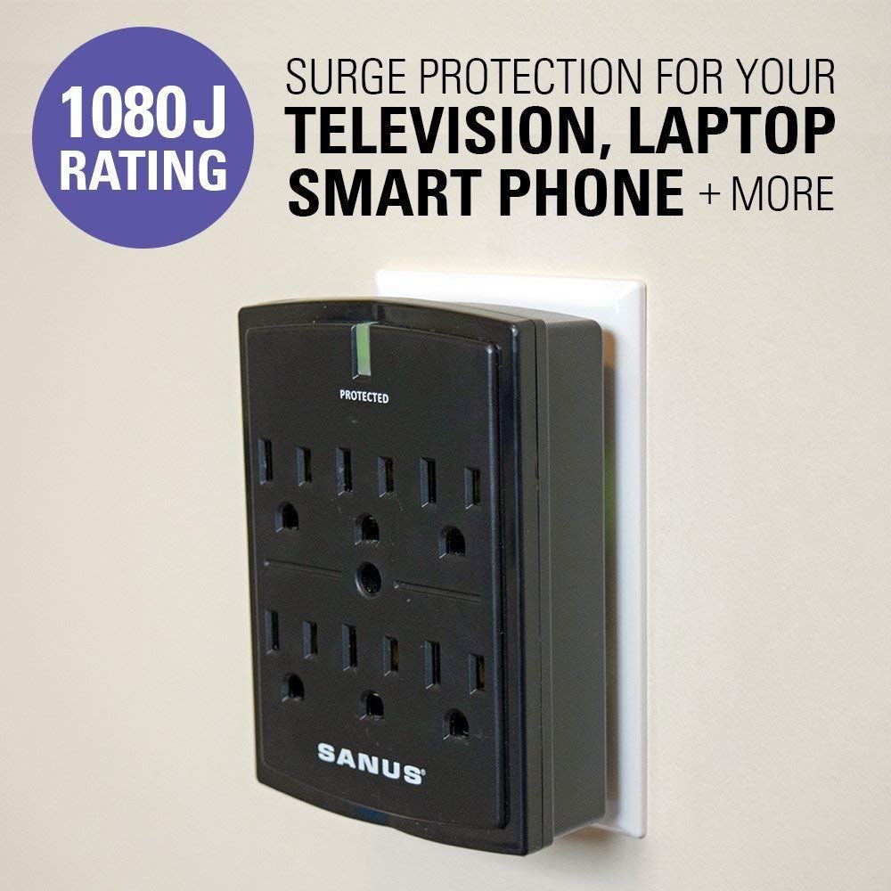 Sanus On Wall Low Profile 1080J Fireproof Surge Protector With 6 Ac Outlets & 3 Lines Of Protection   Includes Power Signal Filt