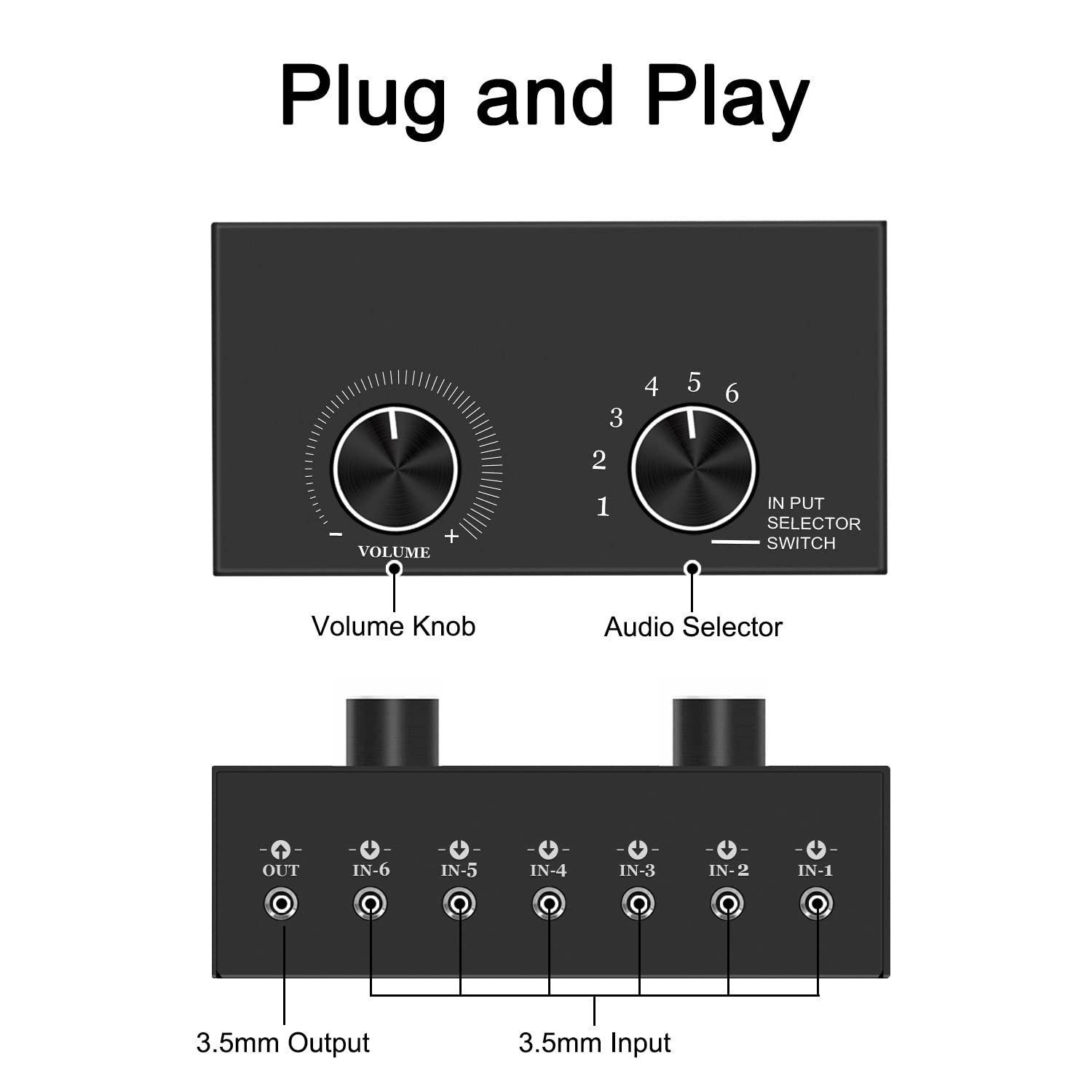 6 Way Audio Switcher, 3.5Mm (1/8'') Stereo Audio Switcher, Plug & Play Compatible With Pc, Laptop, Mp3, Mp4, Headphone, Game Sys