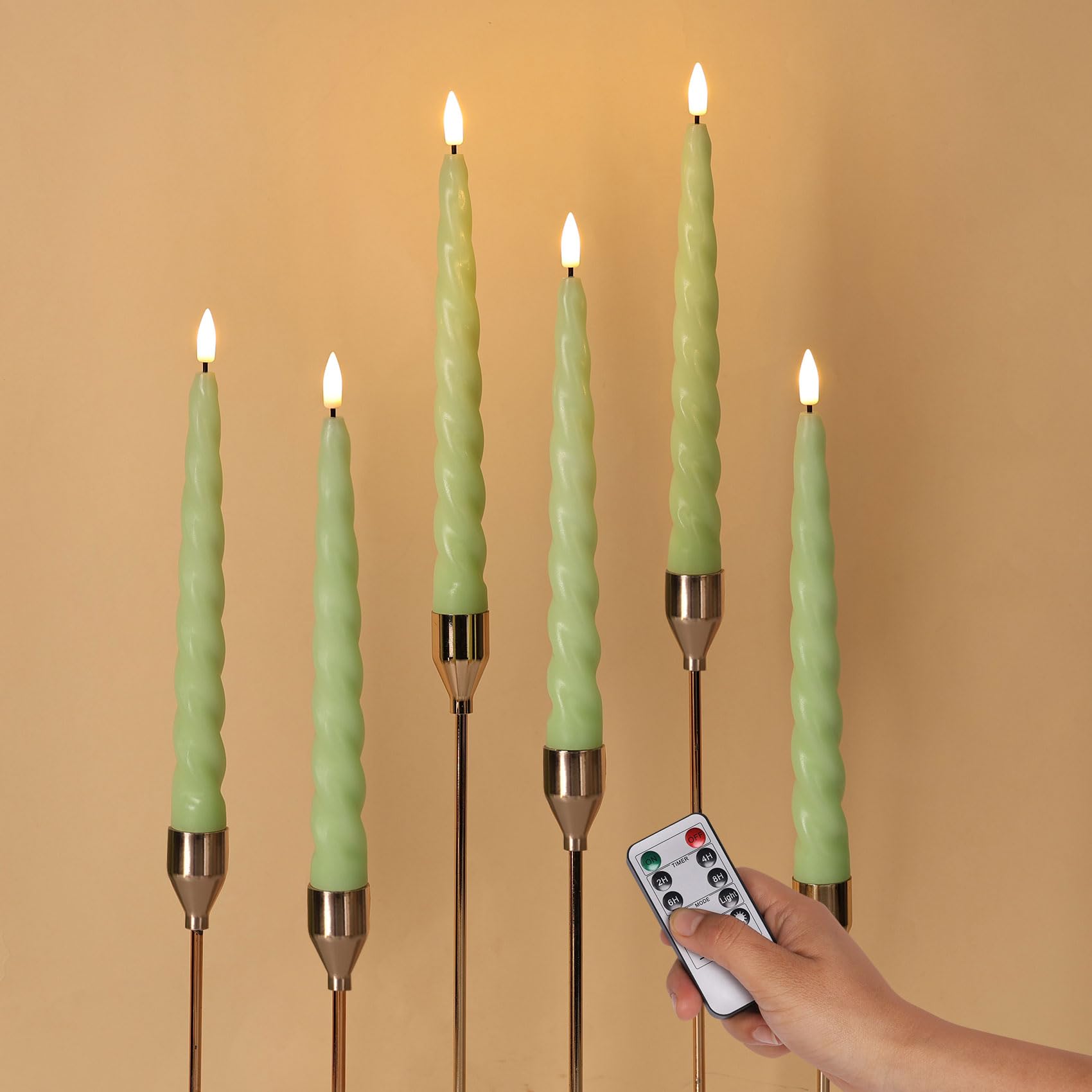 Girimax Spiral Green Flameless Taper Candles with Remote, Flickering Battery Operated LED Wax Candlesticks Spring Summer Home De