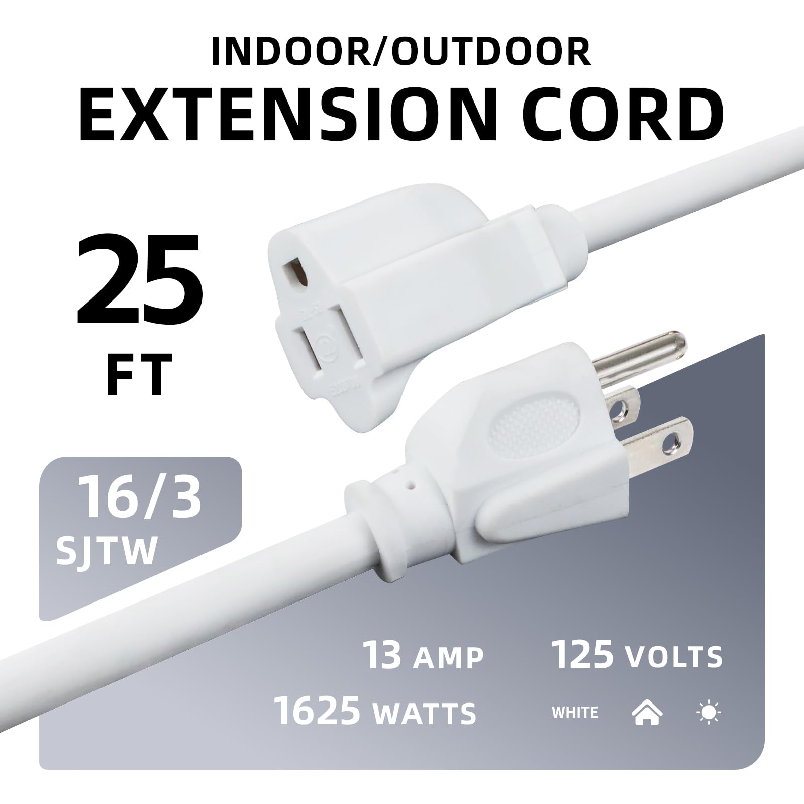 Ep 25 Ft Outdoor Extension Cord   16/3 Sjtw White Electrical Cable With 3 Prong Grounded Plug, Ul Listed
