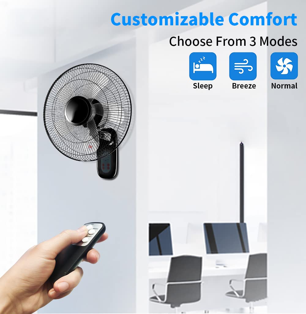 Aotop 16 Inch Wall Mount Fan With Remote Control - 2 Pack, 3-Speed And 3 Modes, Timer Function, Adjustable Head, Oscillating Fan