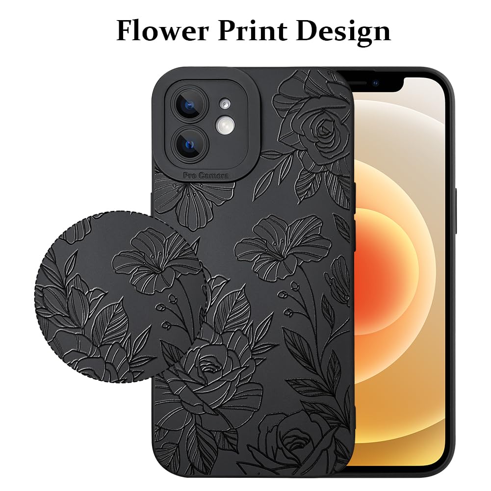 Lsl Case For Iphone 12 Black Floral Flower Pattern Print Case Soft Tpu Full Camera Lens Anti Drop Anti Scratch Shockproof Protec