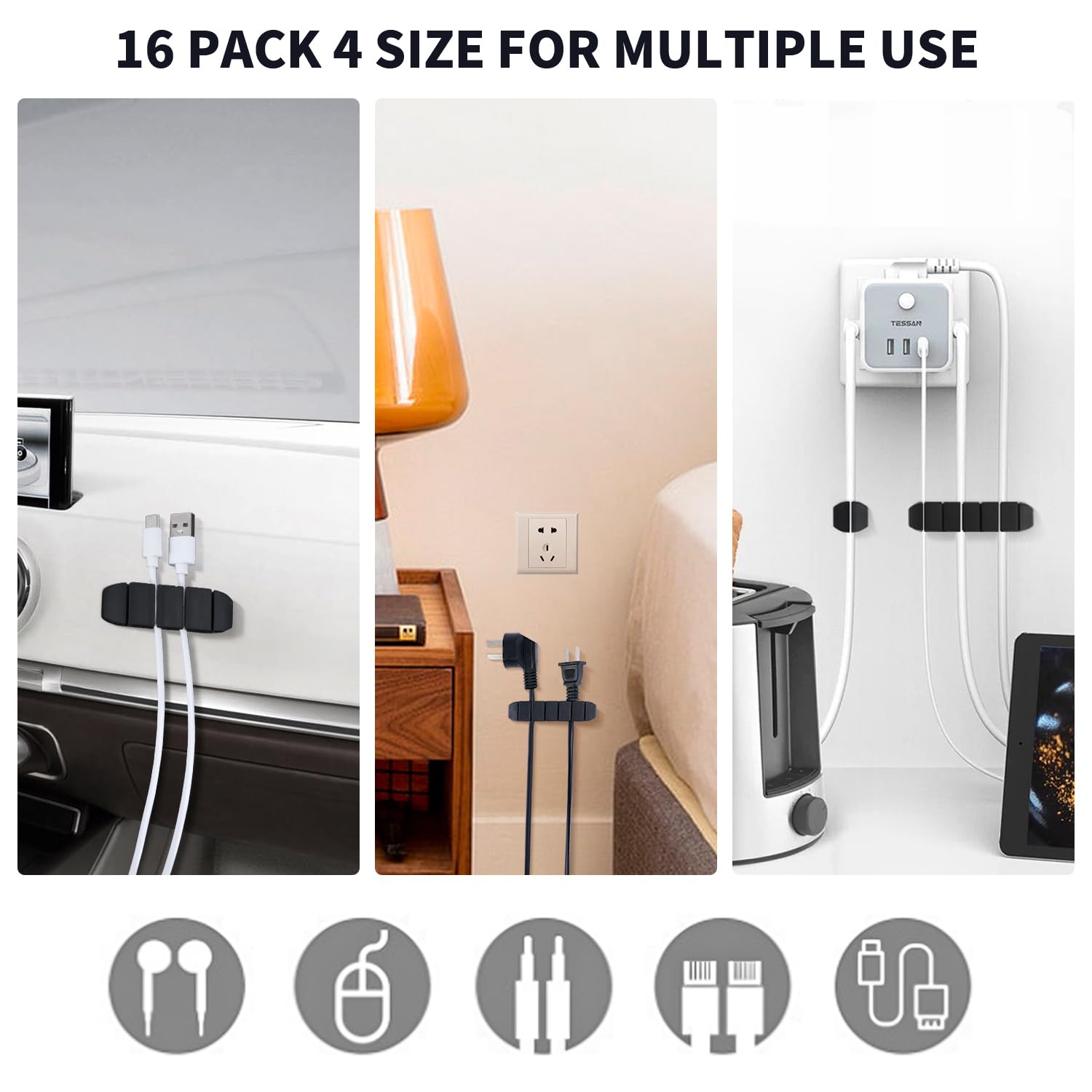 16 Pcs Cable Management Kit Black Cable Clips Holders Multi Purpose Self Adhesive Cable Cord Clips Charging Usb Wire Organizer F