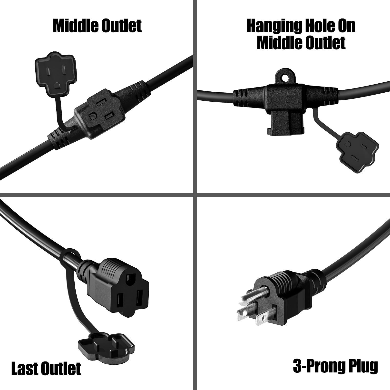 Eversimpleinc Black Outdoor Extension Cord With Multiple Outlets, (50Ft 6 Outlets) Evenly Spaced With Weatherproof Cover, Ideal