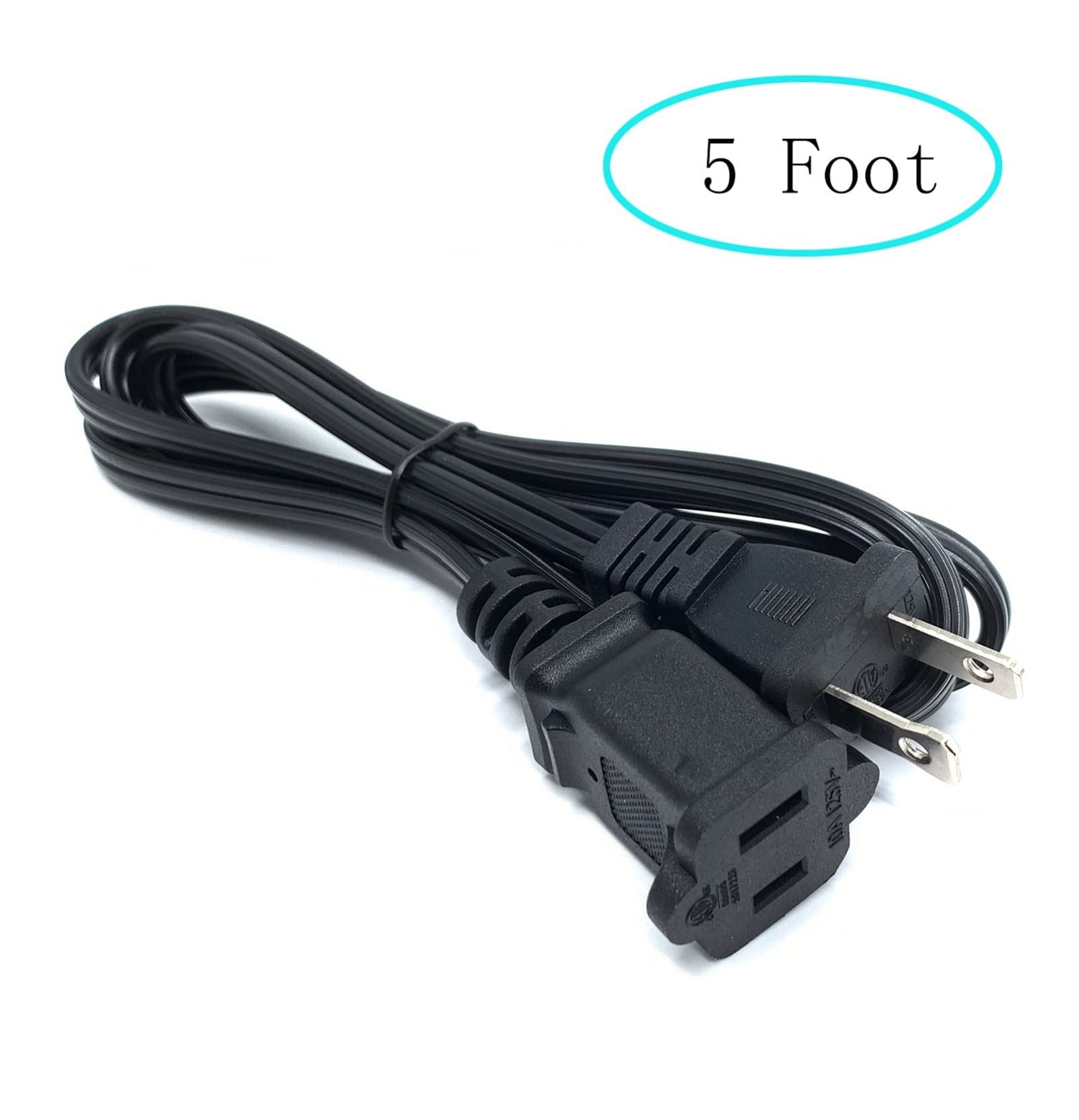Black Extension Cord, 2 Prong Short Indoor Small Power Cable Male To Female, 18 Awg Us Outlet Two Prong, Nema 5 15P To Nema 5 15