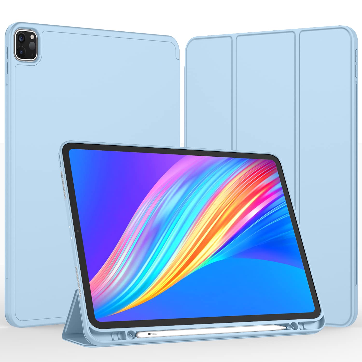 Imieet New Ipad Pro 12.9 Case 2022(6Th Gen)/2021(5Th Gen) With Pencil Holder [Support Ipad 2Nd Pencil Charging/Pair],Trifold Stand Smart Case With Soft Tpu Back,Auto Wake/Sleep(Sky Blue)
