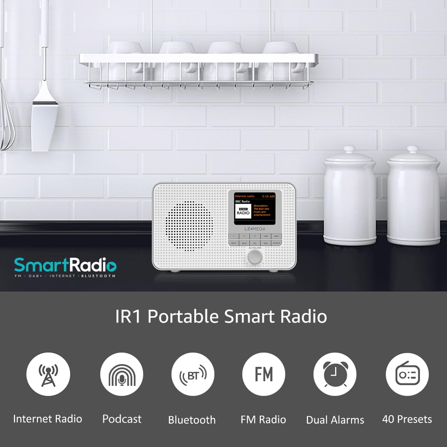 Lemega Ir1 Portable Wifi Internet Radio, Fm Digital Radio, Bluetooth, Dual Alarms Clock,Sleep Snooze Timer,40 Presets,Headphone Output, Colour Display,Batteries Or Mains Powered � Grey Finish