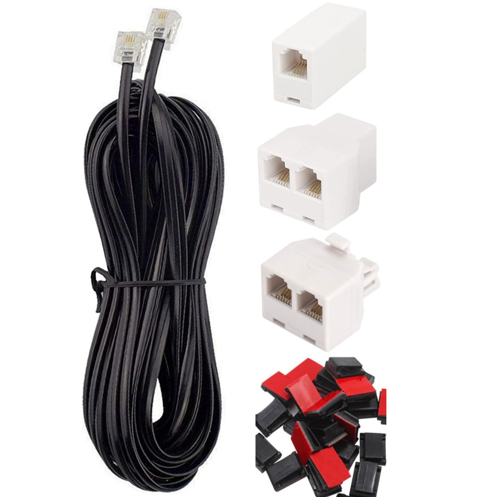 OMITUOFO Phone Extension Cord 33 Ft, Telephone Cable with Standard RJ11 Plug and Inline Coupler,Telephone Splitters,3Female Tele
