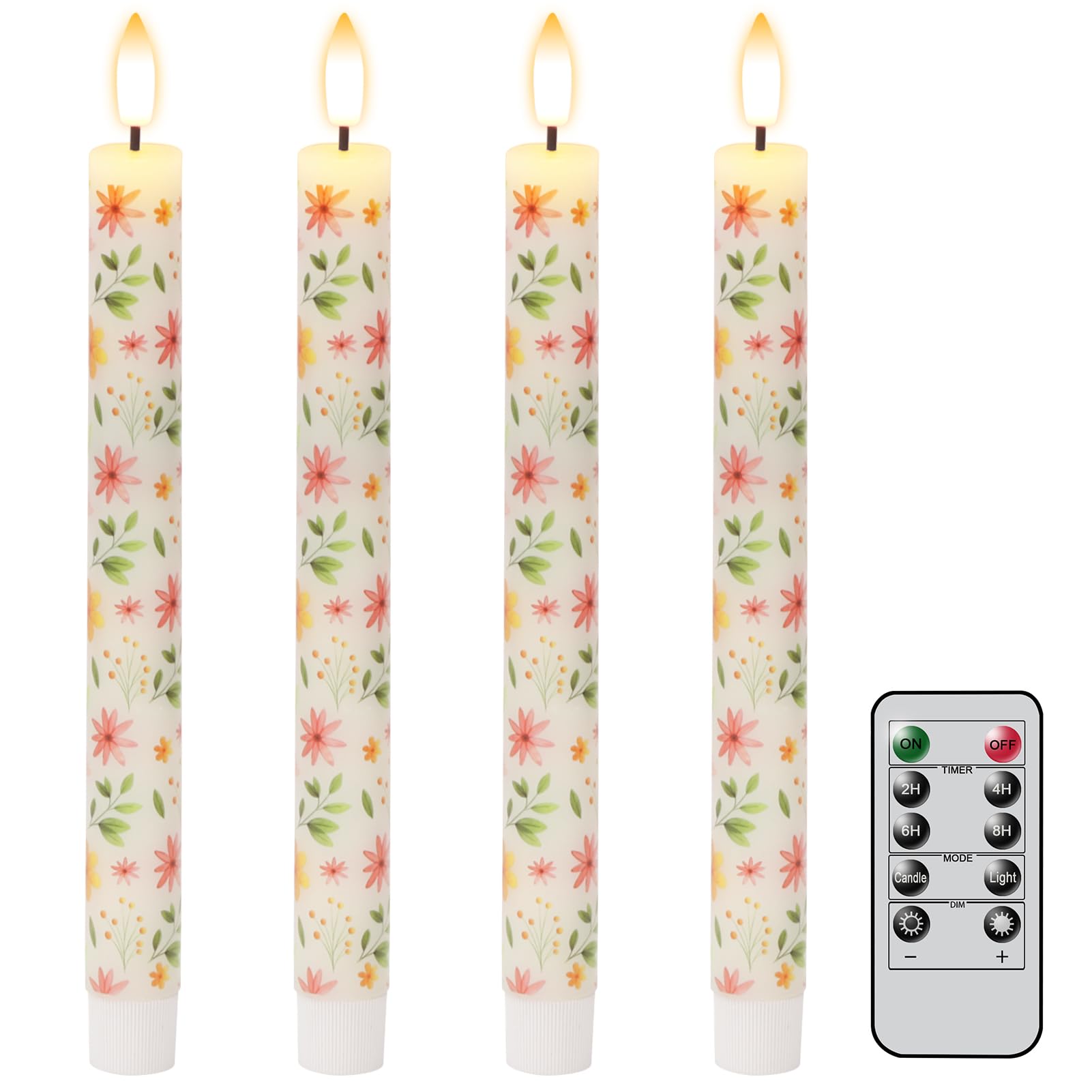 Lasumora Floral Flameless Taper Candles with Remote Timer, LED Taper Candles Battery Operated Warm 3D Wick Flickering, Real Wax 