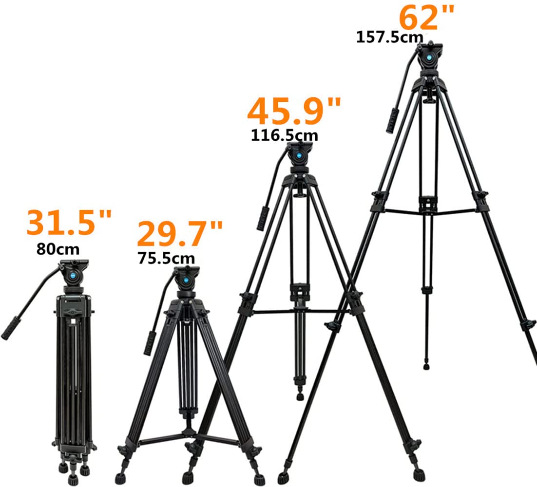 YUSEN Professional Heavy Duty Video Tripod K9 Aluminum Twin Tube 360 Fluid Head Black 62" (182cm) 17.6lb Load