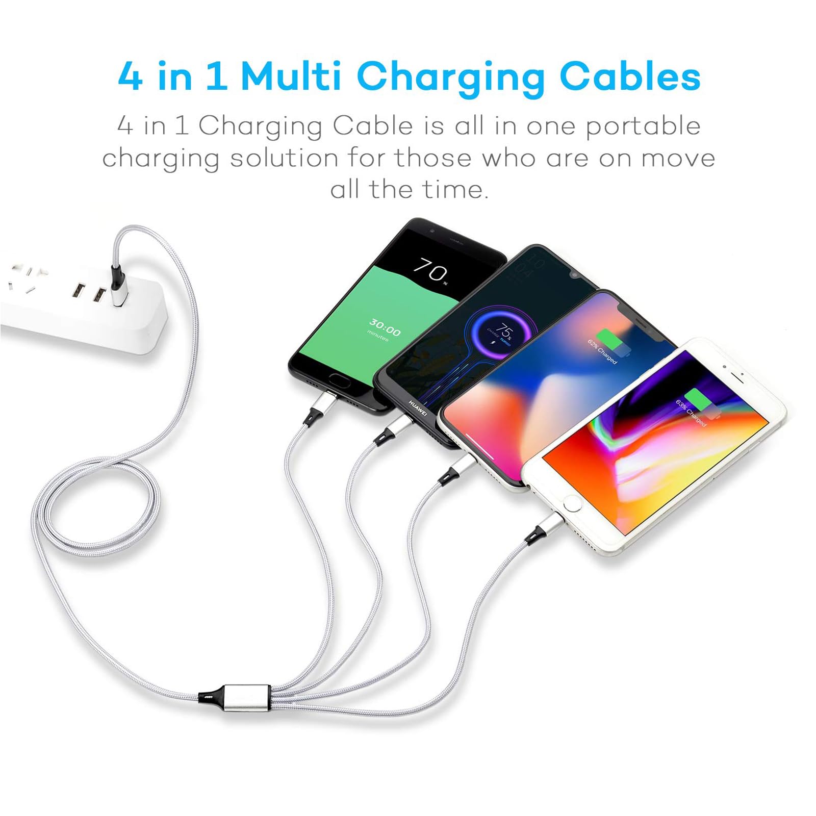 Multi Charging Cable, Usb Cable 3A 4Ft Nylon Braided Universal 4In1 Charger Adapter Type C/Micro Port, Compatible With Cell Phon