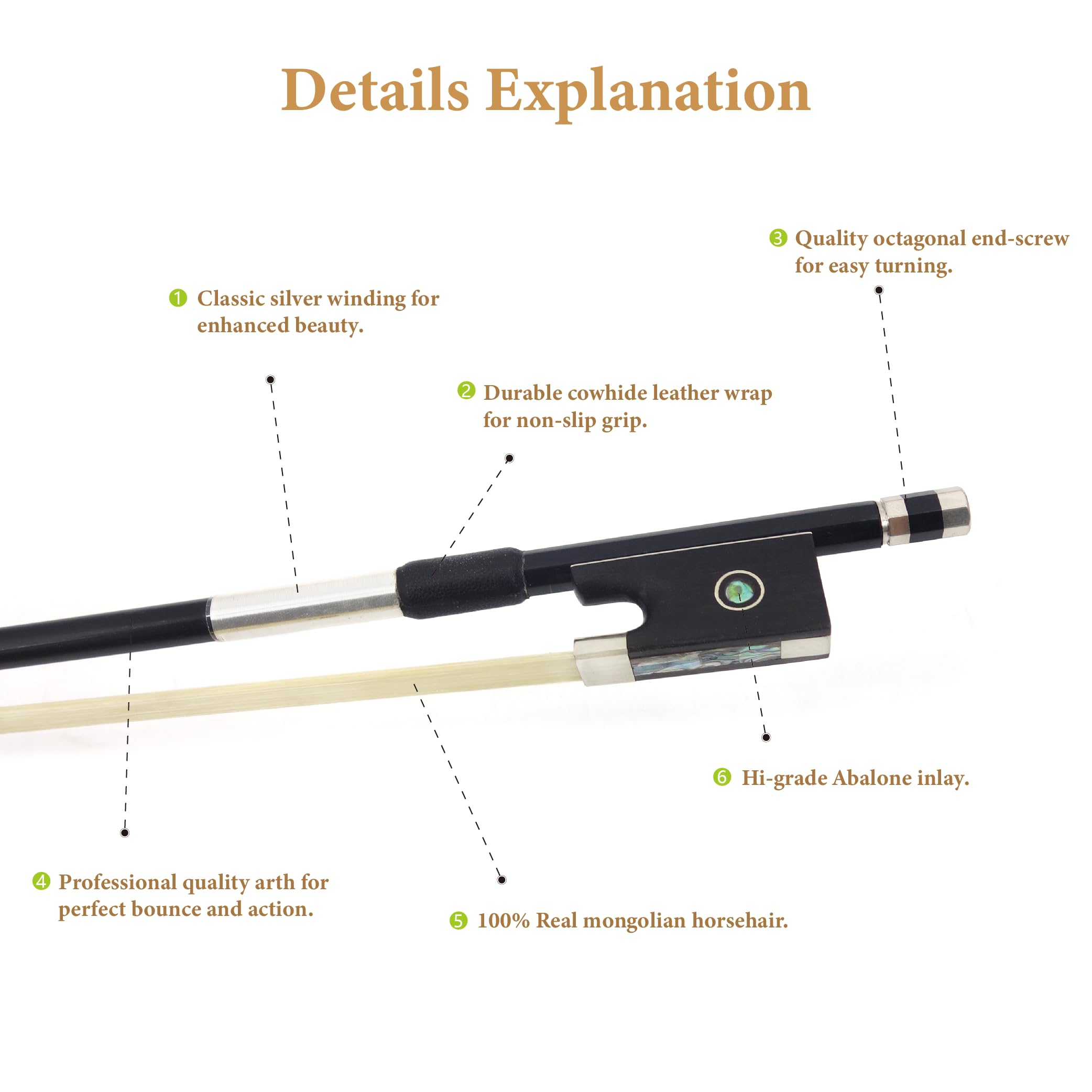 Jinqu Carbon Fiber Violin Bow,Anti-Deformation,Durable And Well Balanced, Made With Bouncy Mongolian Horse Hair,For Professional