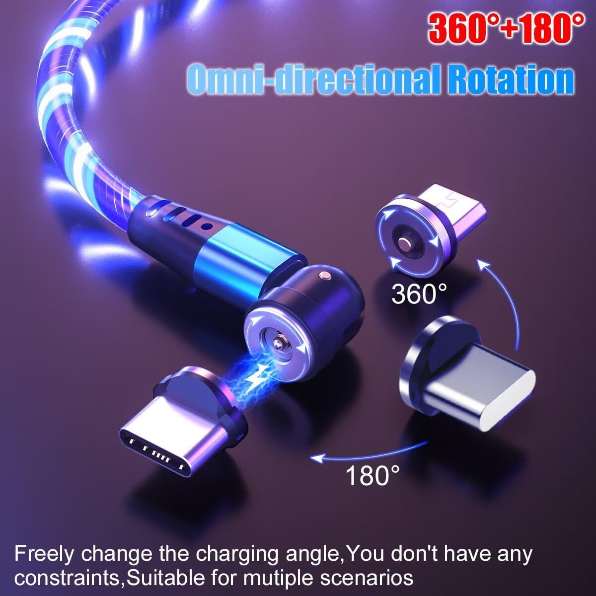 Endlesshine Pro 360 Led Glowing Magnetic Phone Charger [3Pack 3.3/6.6/6.6Ft] Usb To Usb C Cable, Micro Usb, I Porduct Compatible, El Wire Light Up Charger Magnetic Charging Cable (Blue)