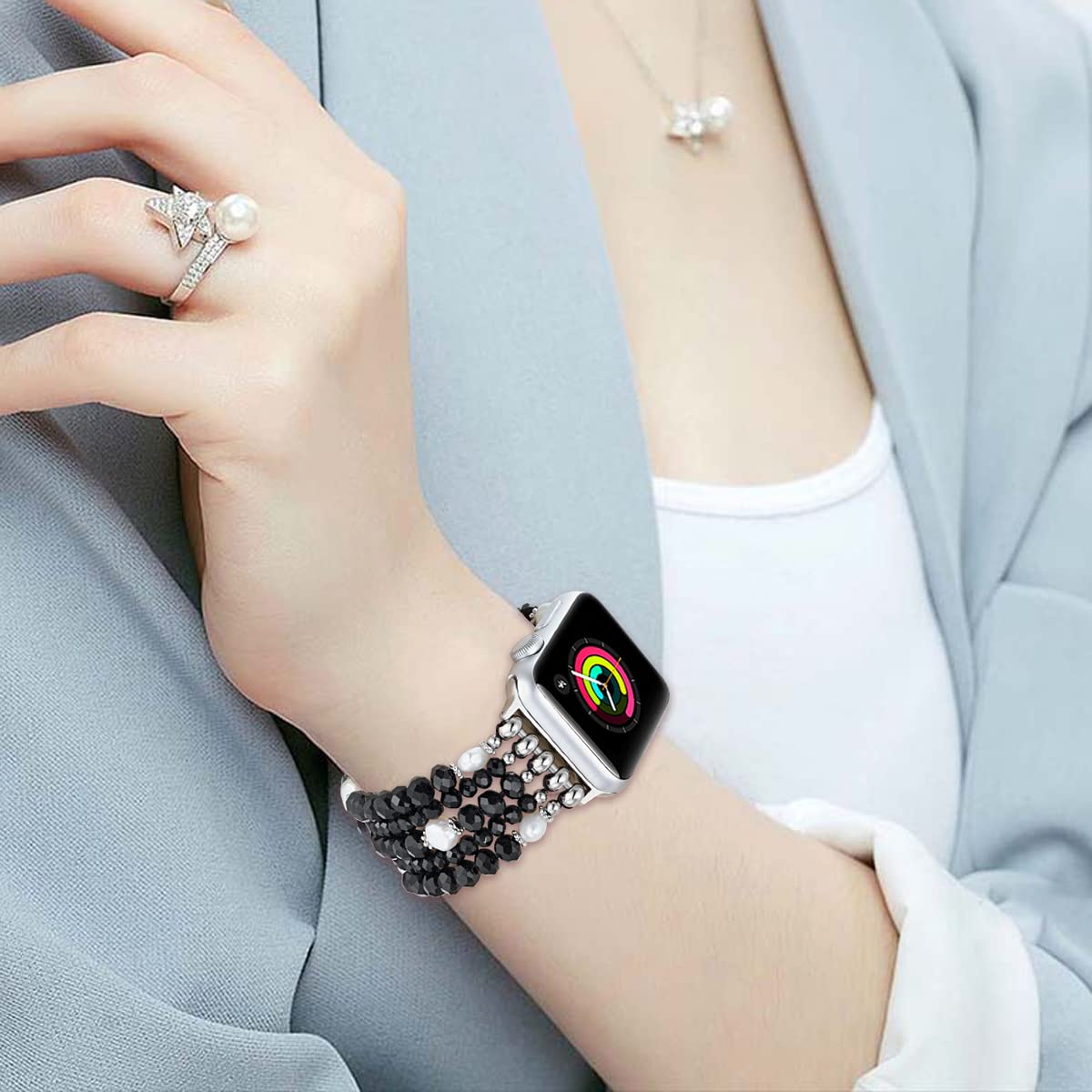 Fastgo Beaded Bracelet Band Compatible With Apple Watch 44Mm 45Mm 42Mm 49Mm Series 7 Women, Pearl Elastic Stretchy Strap Bands F