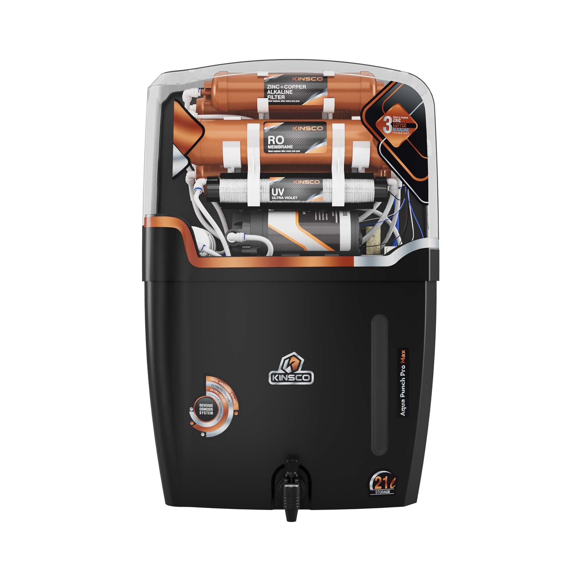 Kinsco Aqua Punch Pro Max 21 L With Isi Mark Ro+Uv+Uf+Tds Adjuster 21 L Ro + Uv + Uf + Tds + Alk + Copper Water Purifier (Black)