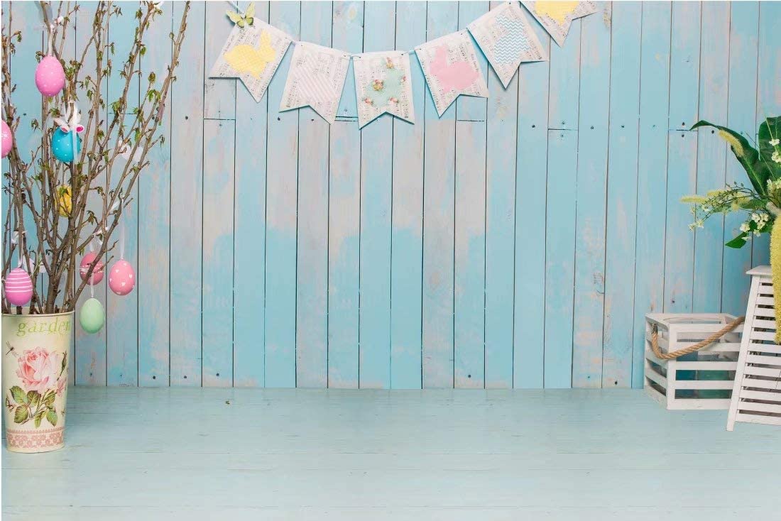 BELECO 7x5ft Fabric Blue Easter Backdrop - Wooden Wall & Floor Room Interior Decor for Photography, Kids & Baby Newborn Photosho