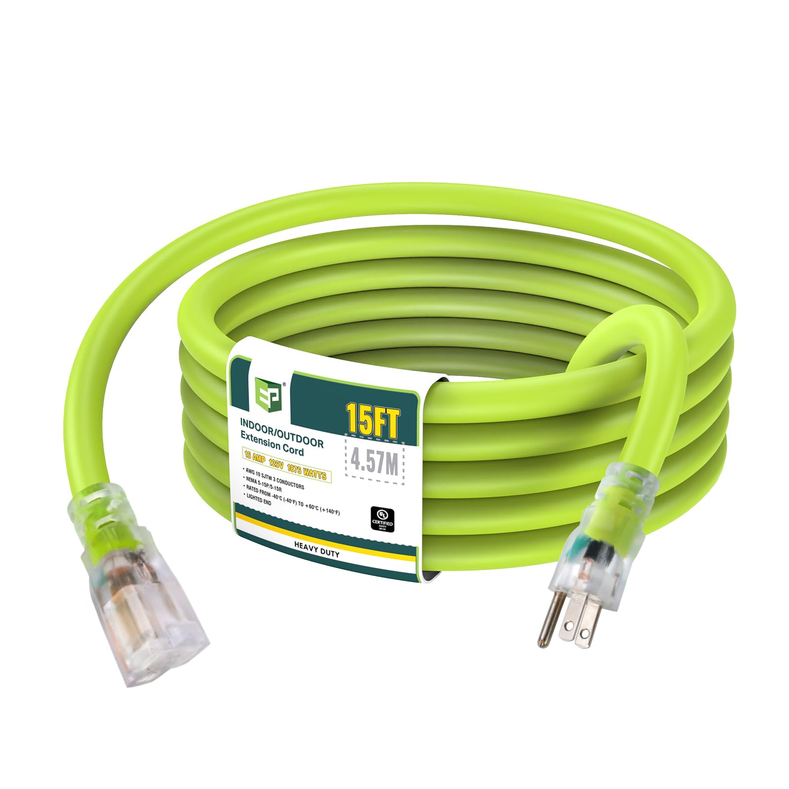 Ep 15 Ft Lighted Outdoor Extension Cord   10/3 Sjtw Heavy Duty Green Extension Cable With 3 Prong Grounded Plug For Safety, Ul L