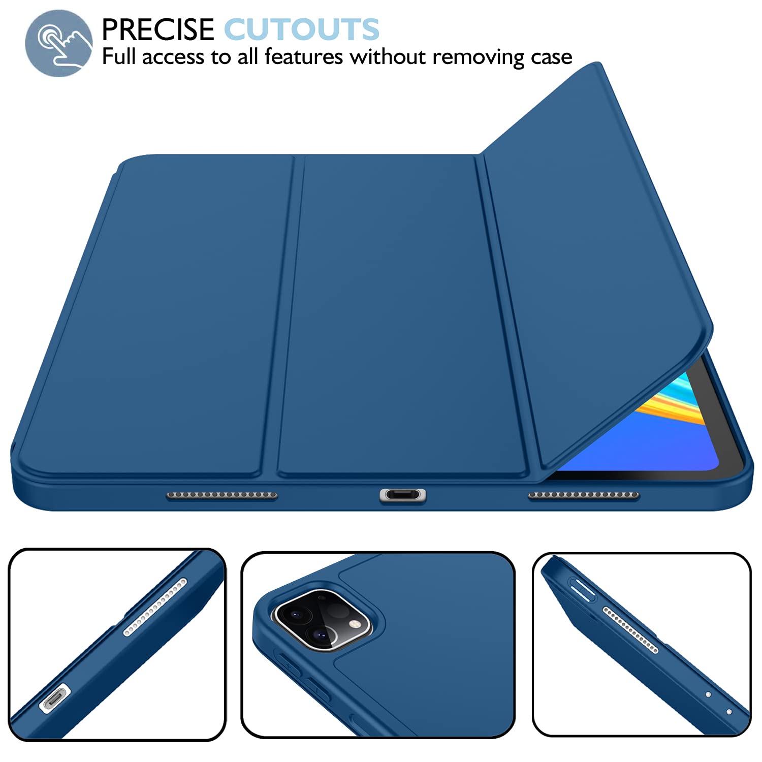 Imieet New Ipad Pro 12.9 Case 2022(6Th Gen)/2021(5Th Gen) With Pencil Holder [Support Ipad 2Nd Pencil Charging/Pair],Trifold Stand Smart Case With Soft Tpu Back,Auto Wake/Sleep(Navy Blue)