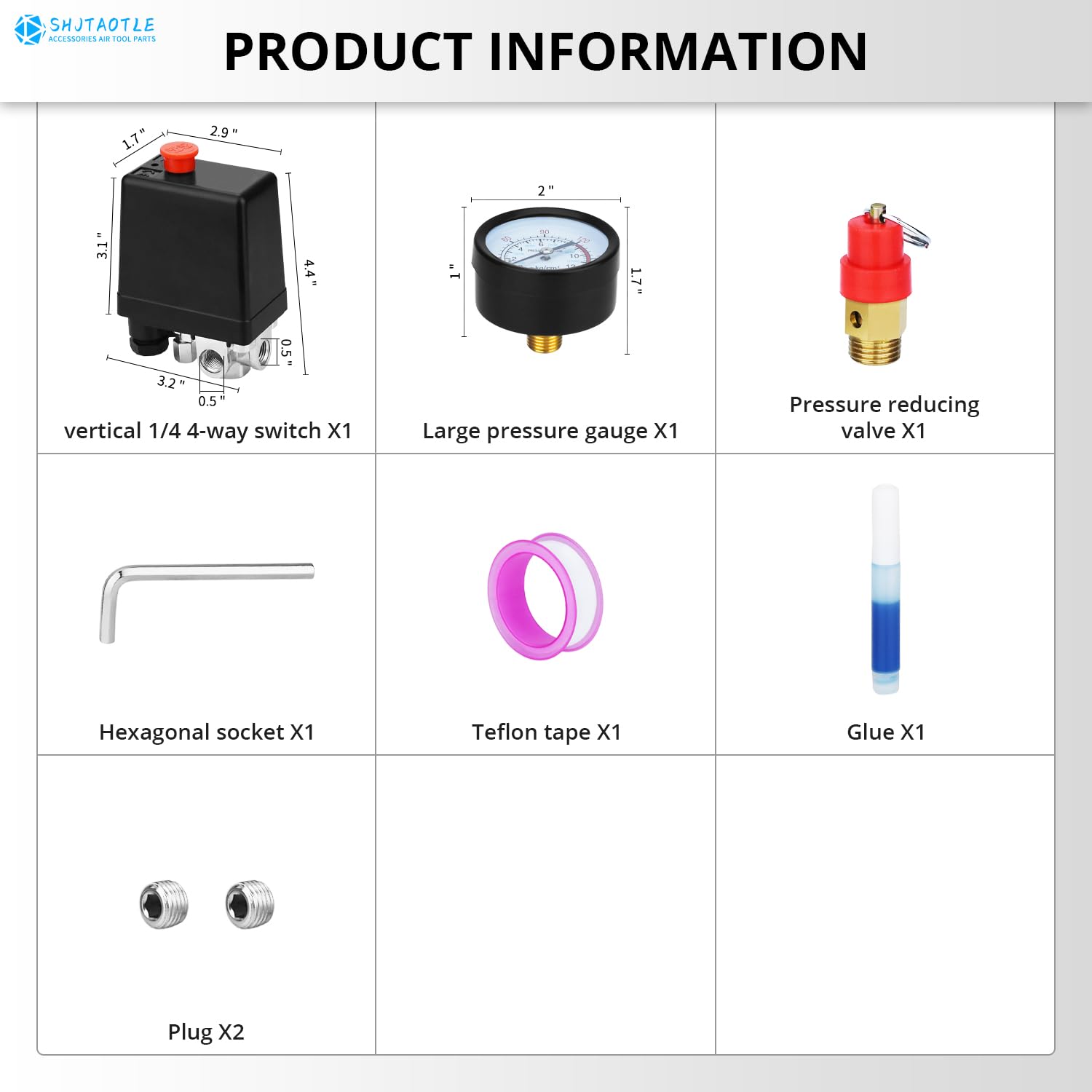Shjtaotie Universal Air Compressor Pressure Switch Control Valve (90 120 Psi, 110V 240V) With 0 180 Psi Regulator And Safety Pre