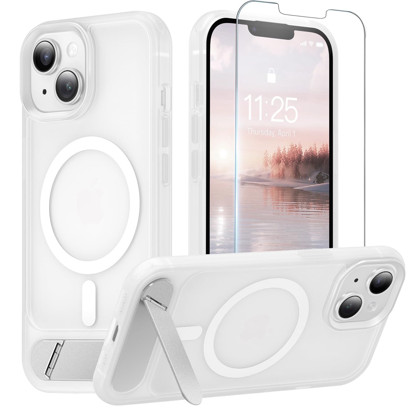 Magnetic for iPhone 14 Case & iPhone 13 Case (Built-in Invisible Kickstand)(Screen Protector)(Compatible with MagSafe)(Military 