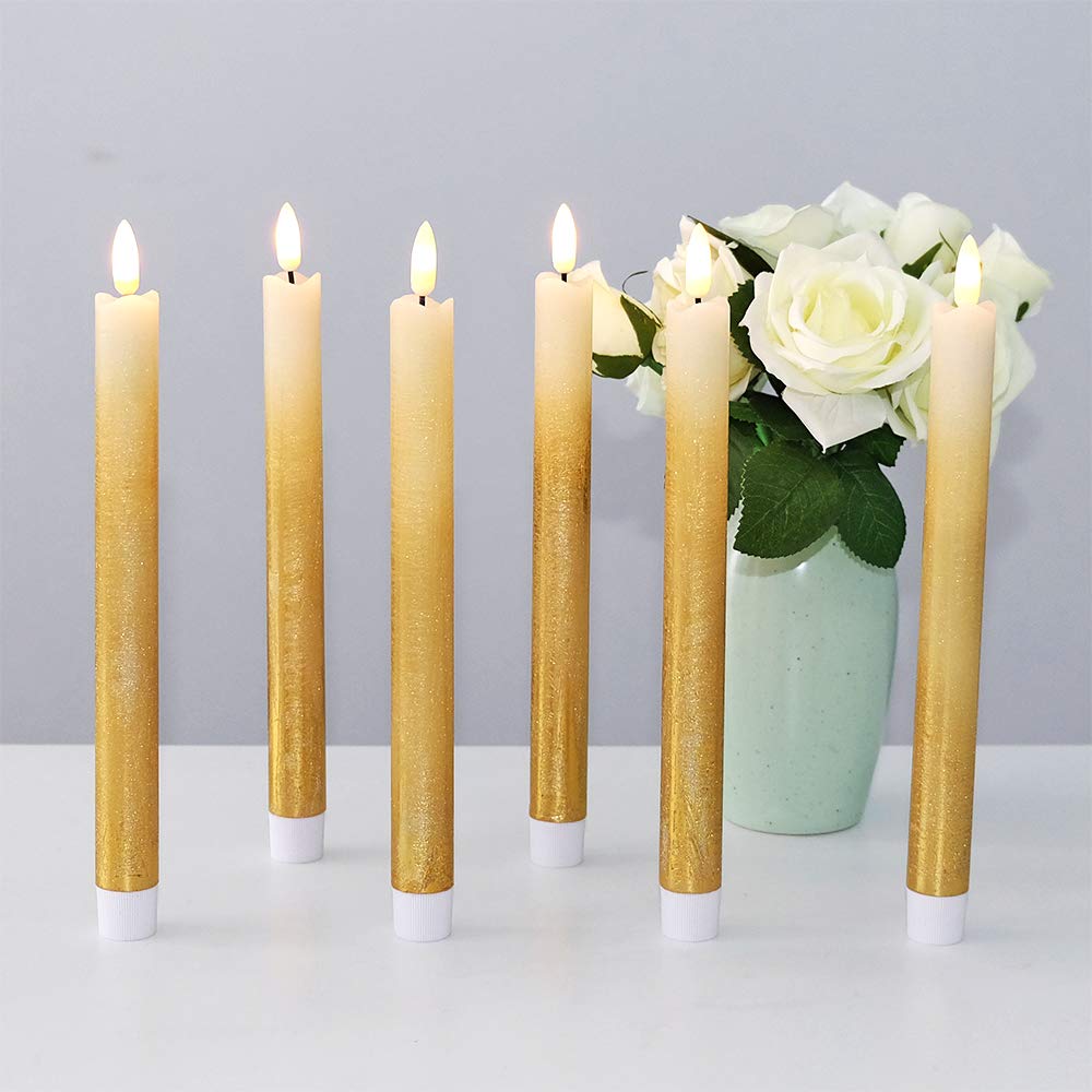 Dromance Gold Flameless Taper Candles Battery Operated With Remote Timer, Real Wax 3D Wick Flickering Led Taper Candles Dinner W
