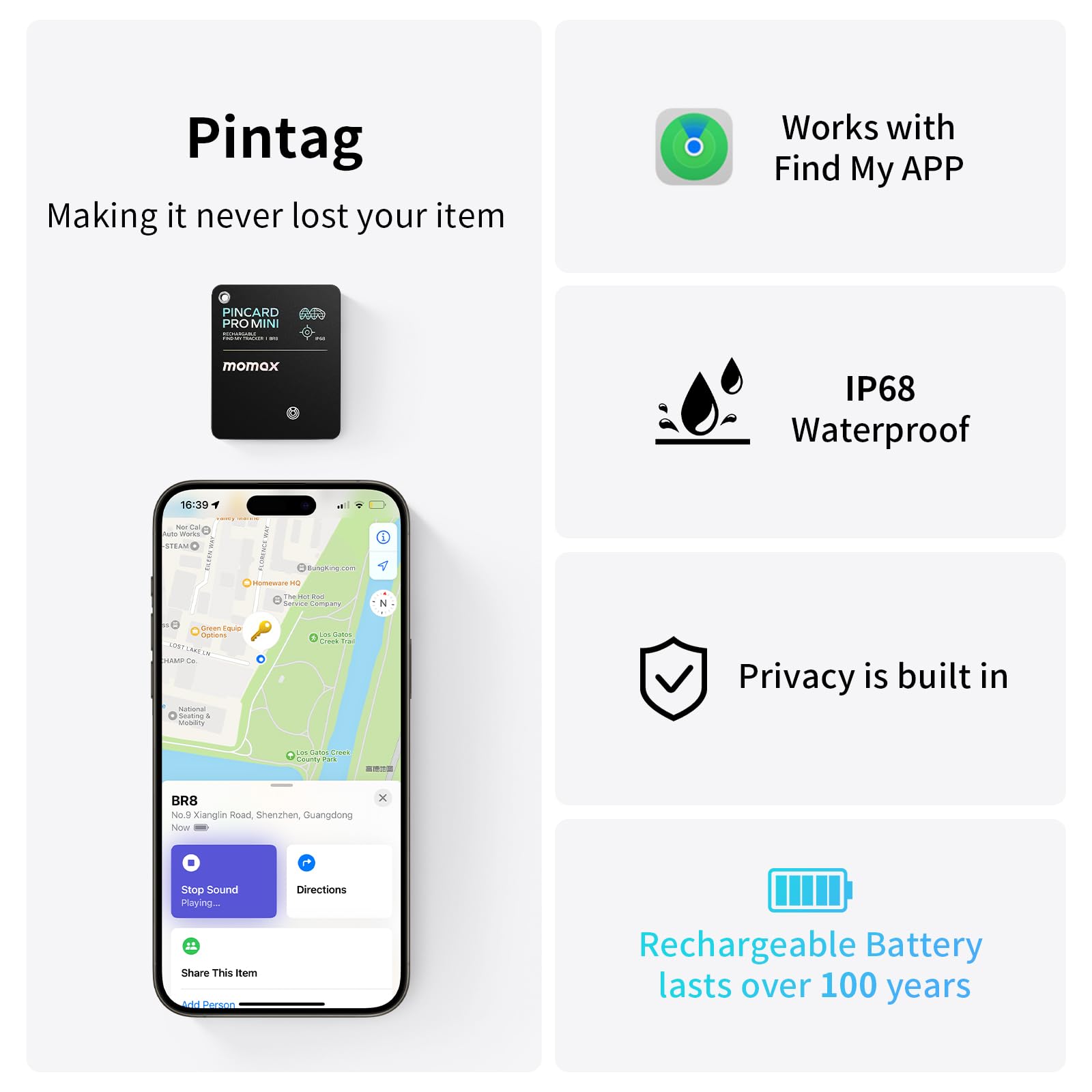 Momax Rechargeable Bluetooth Tracker, Key Finder Ip68 Waterproof, Up To 328Ft Range, Smart Tracking Tag For Keys, Bags, Luggage,