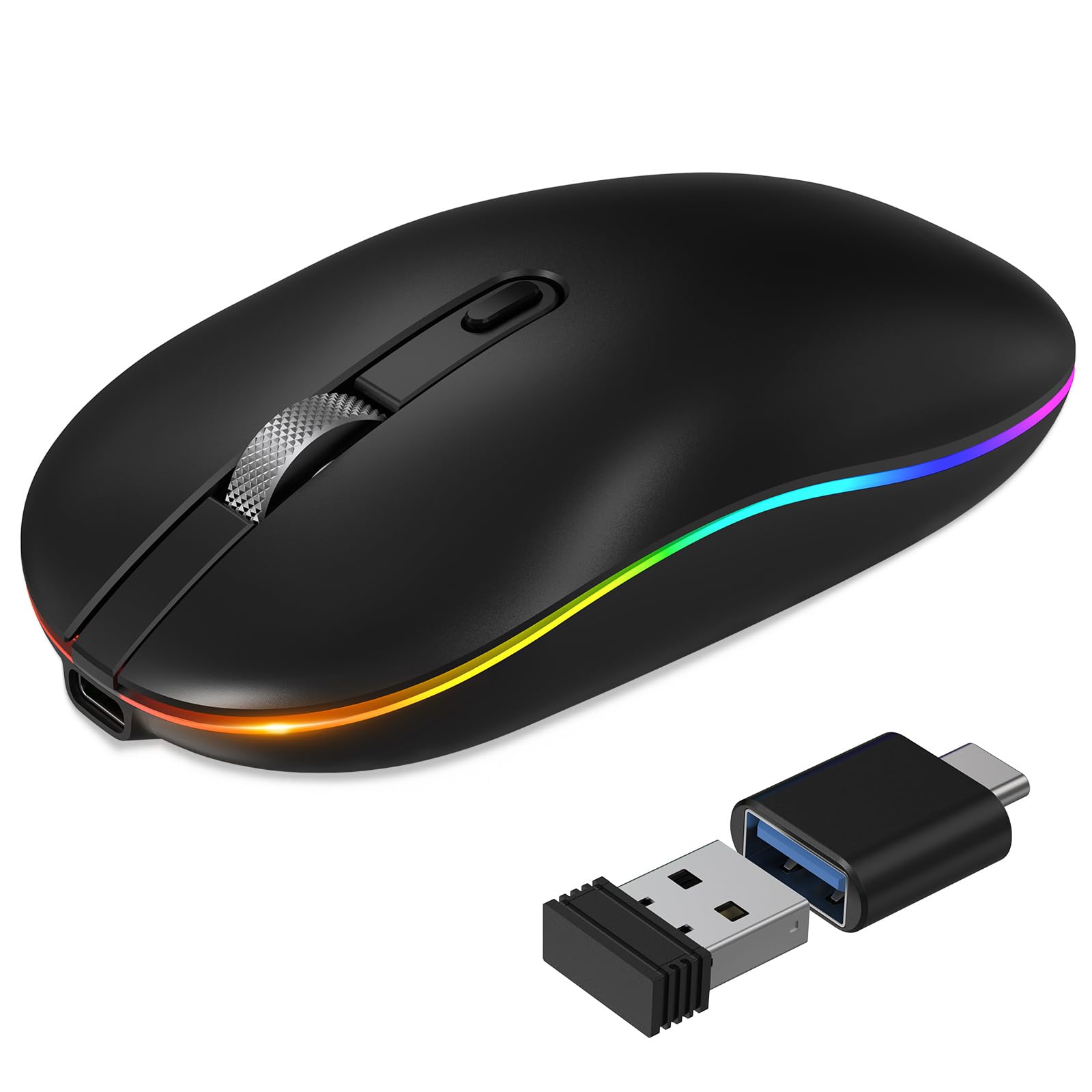 Racegt Led Wireless Mouse With Type C Charging Port, 2.4G Rechargeable Slim Silent Mouse With Usb & Type C Receiver, 3 Adjustabl
