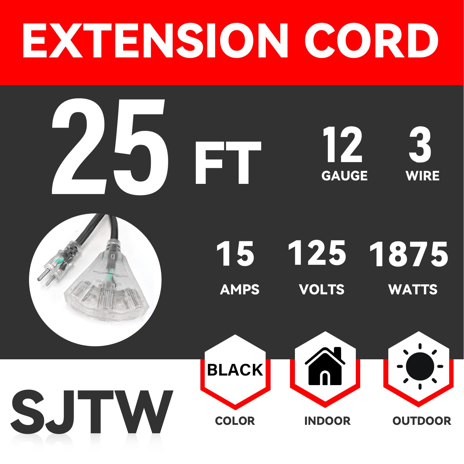 Ep 25 Ft Lighted Outdoor Extension Cord With 3 Electrical Power Outlets   12/3 Sjtw Heavy Duty Black Extension Cable With 3 Pron