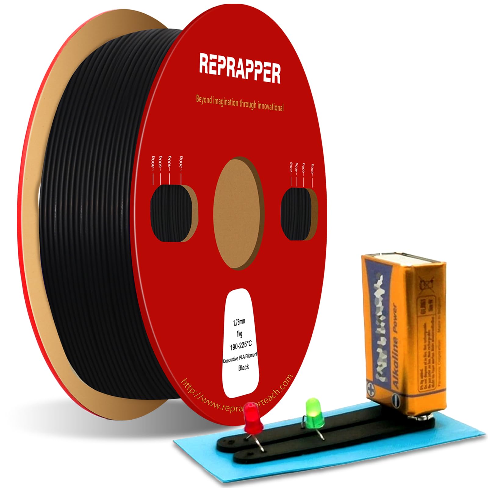 Reprapper Electrically Conductive PLA Filament 1.75mm ( 0.03mm), 1kg (2.2lb) Black PLA Filament for 3D Printer
