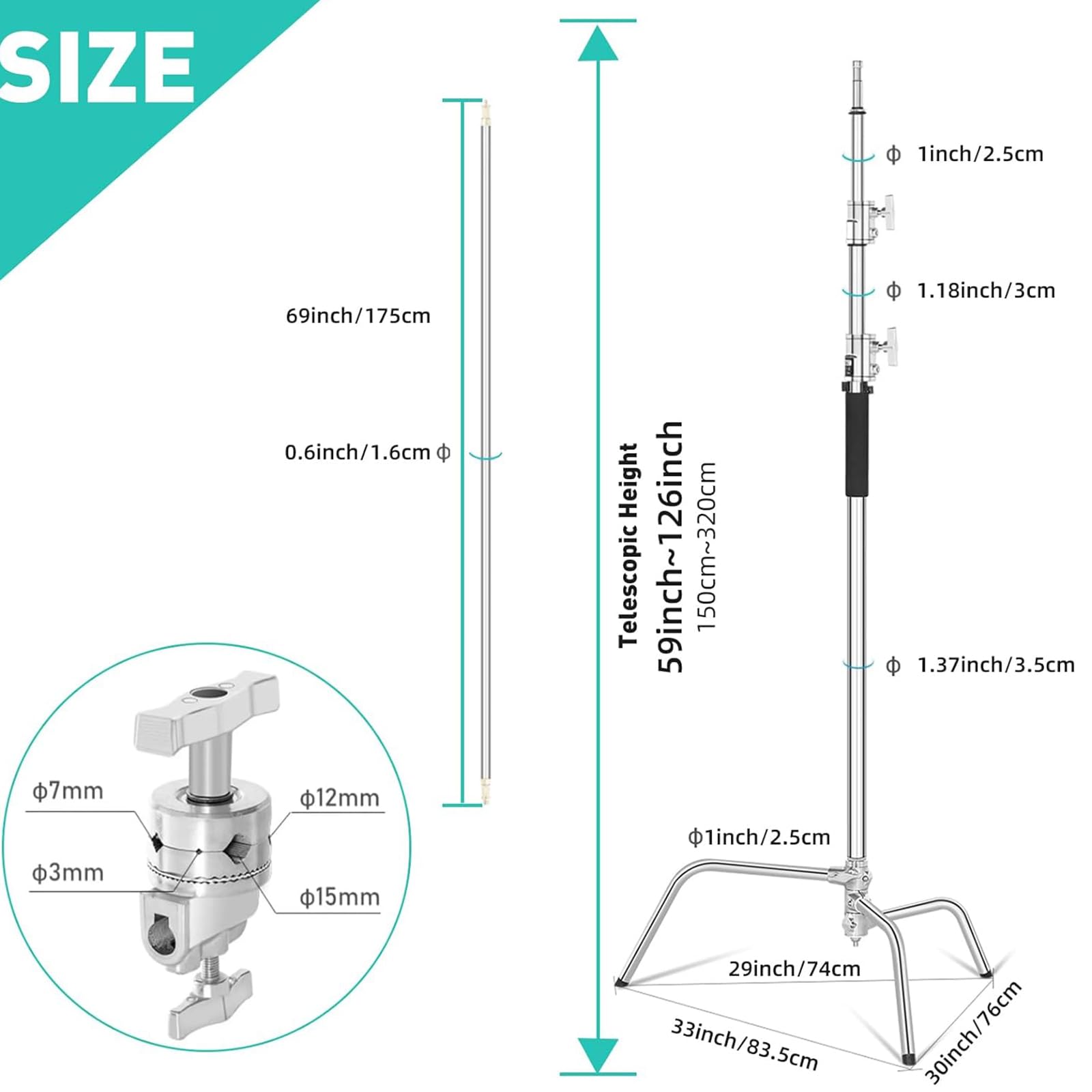 Lapgood Stainless Steel Heavy Duty C Stand With Boom Arm,10.8Ft/330Cm Adjustable Photography Stand With 4.2Ft/128Cm Holding Arm,