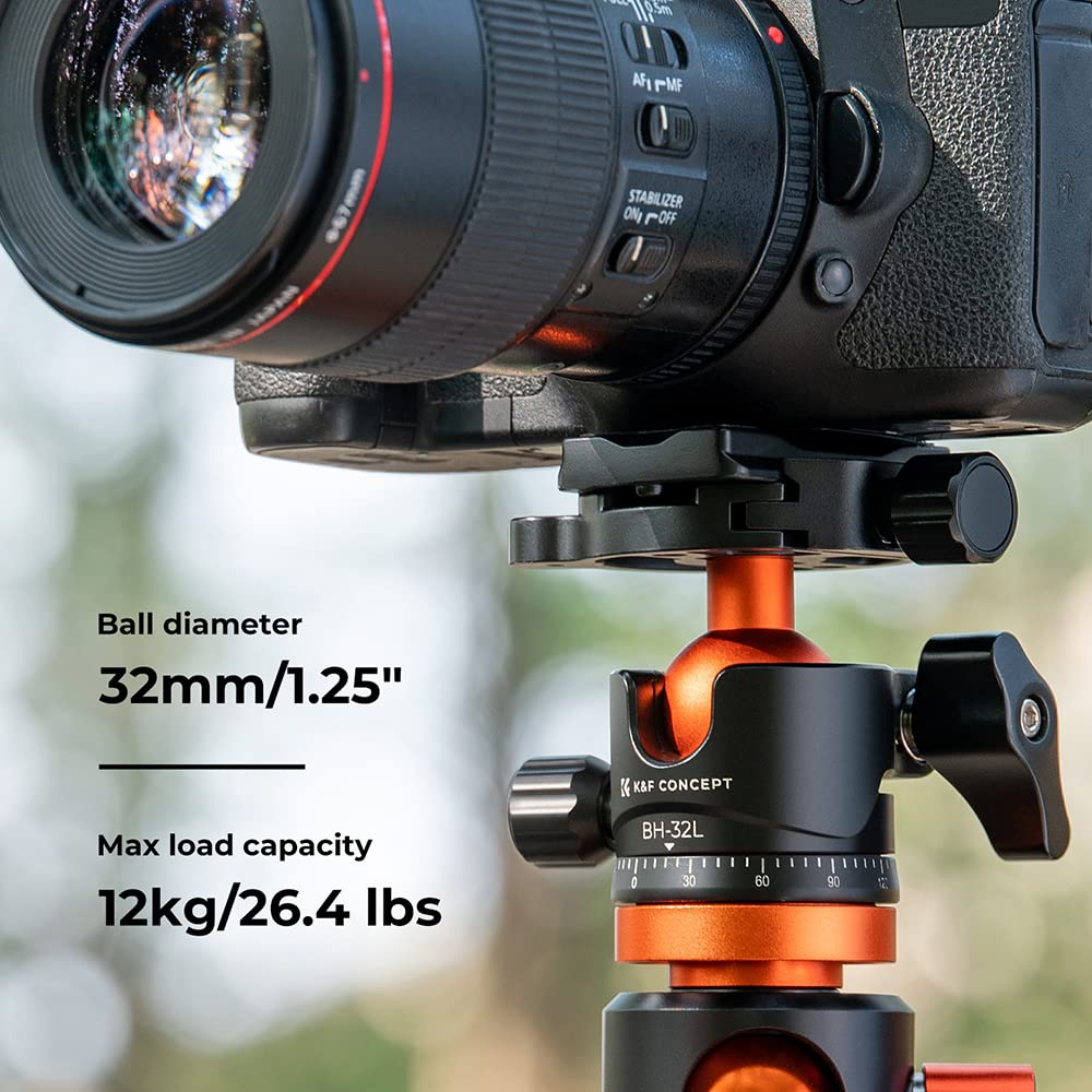 K&F Concept 32Mm Metal Tripod Ball Head 360 Degree Rotating Panoramic With 1/4 Inch Quick Release Plate Bubble Level For Monopod