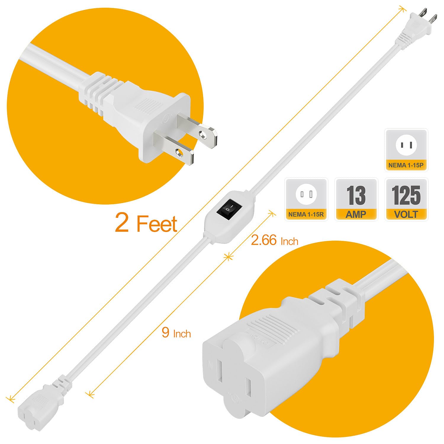 On Off Switch Extension Cord [2 Feet], 2 Prong/2 Outlet Polarized Extension Cord With Switch 12A/125V For Your Chargers/Lamp/Pow