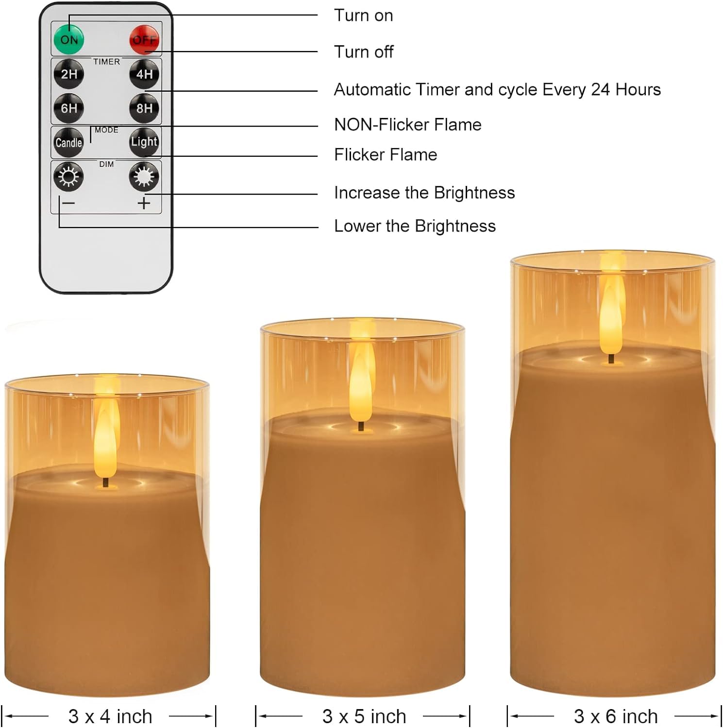 Covege Gold Glass Flickering Flameless Candles With Remote   Battery Operated Candles With 2/4/6/8 H Timer Led Pillar Candles Fo