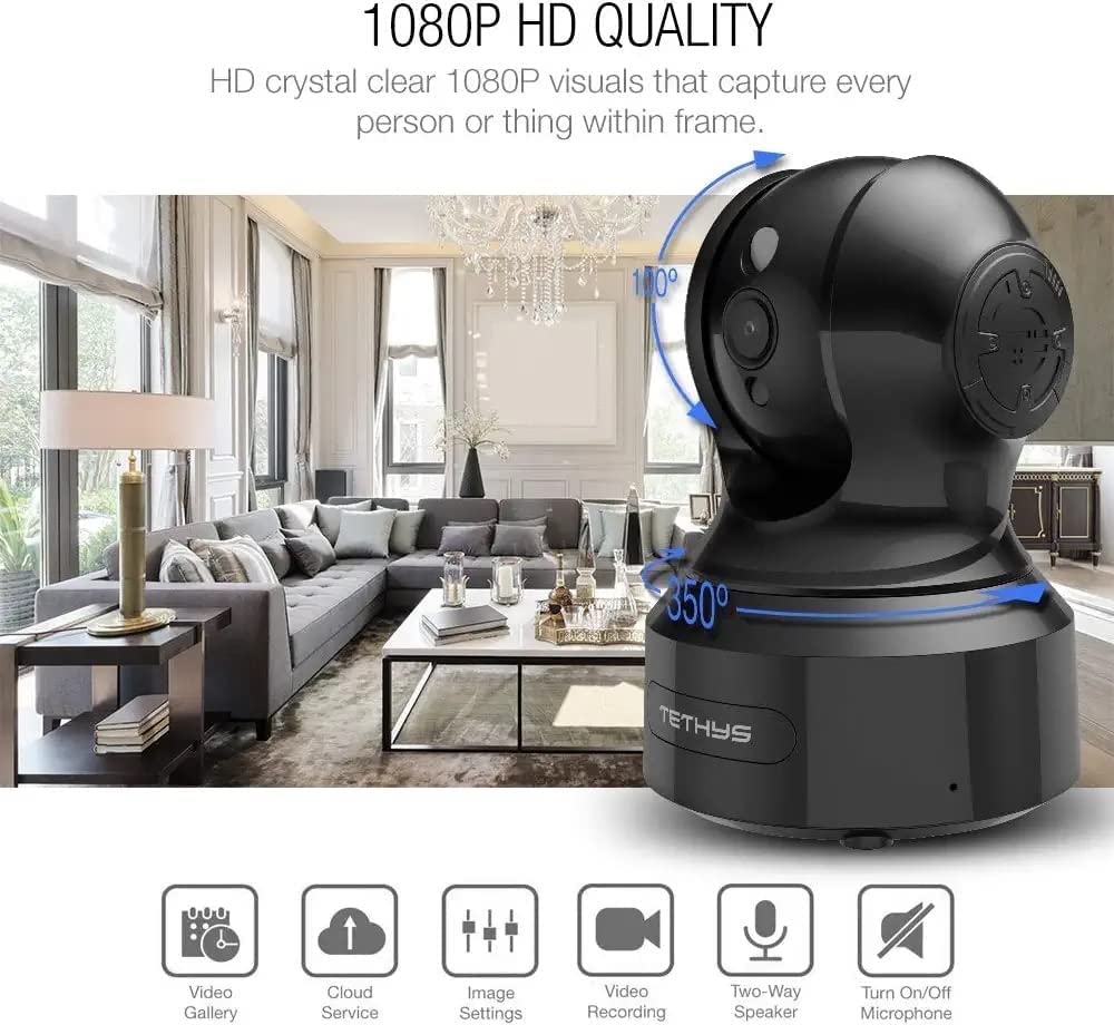 Tethys Wireless Security Camera 1080P Indoor [Work With Alexa] Pan/Tilt Wifi Smart Ip Camera Dome Surveillance System W/Night Vi