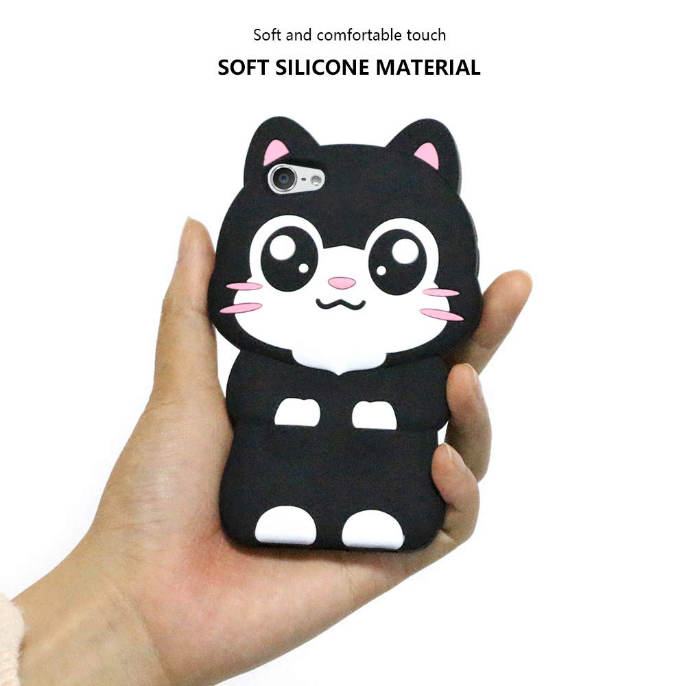 Yonocosta Cute Ipod Touch 7 Case, Ipod Touch 6 Case, Ipod Touch 5 Case, Funny Kawaii 3D Cartoon Big Eye Black Cat Kitty Animals Soft Silicone Shockproof Cases Cover For Kids Child Girls Women