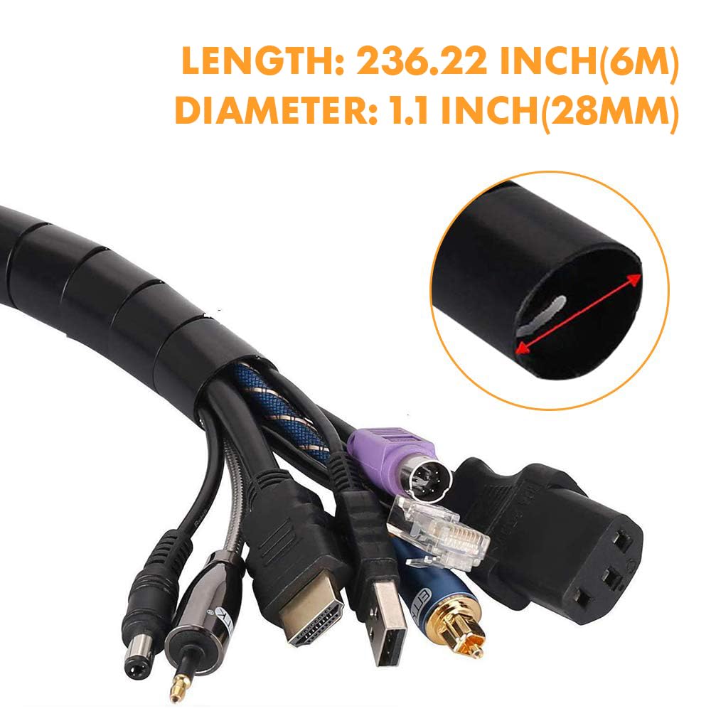 20Ft Spiral Winding Cable Management Pipe Wire Wrap Line Coiled Tube, 1.1'' Diameter Flexible Cord Covered Protective Bundler Sl
