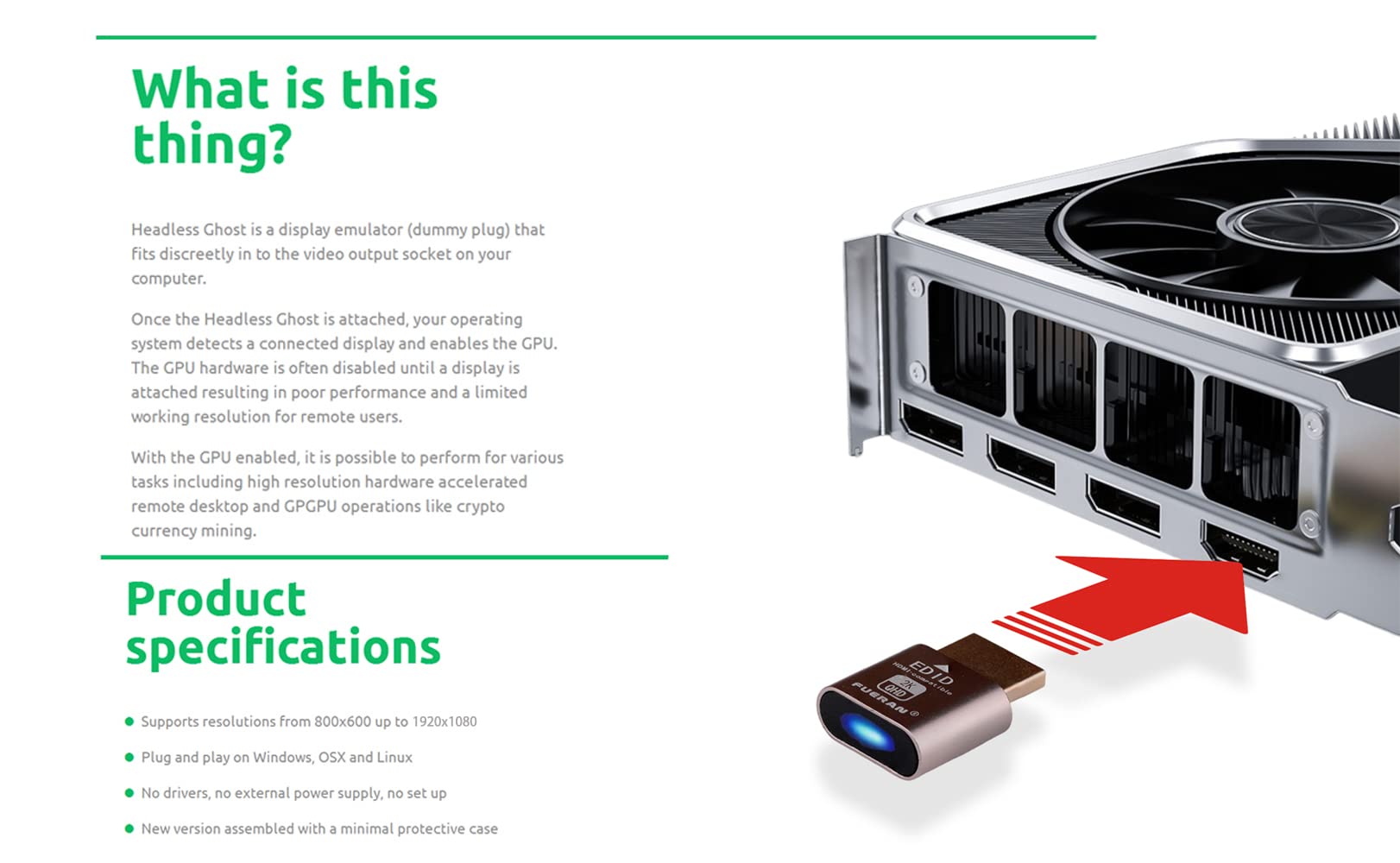 Fueran Hdmi Dummy Plug Headless Ghost Display Emulator Hdmi Compatible(Fit Headless 1920X1080 New Generation@60Hz) (Hdmi2.0 2K 1