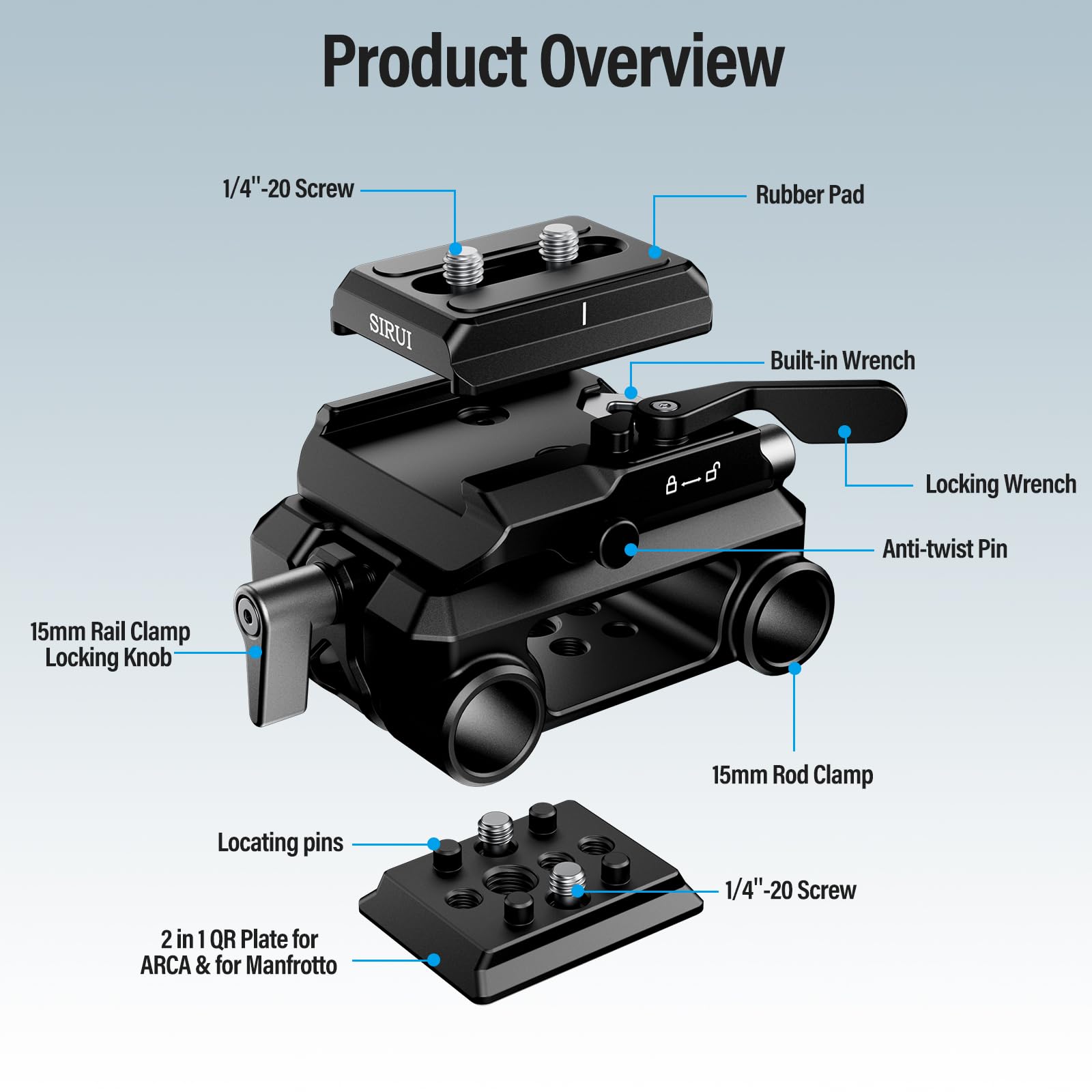 Sirui 15Mm Rail Support System With Quick Release Plate, Camera Baseplate With Dual 15Mm Rod Clamps For Tripod, Shoulder Rig, Follow Focus, Am Qa Lr