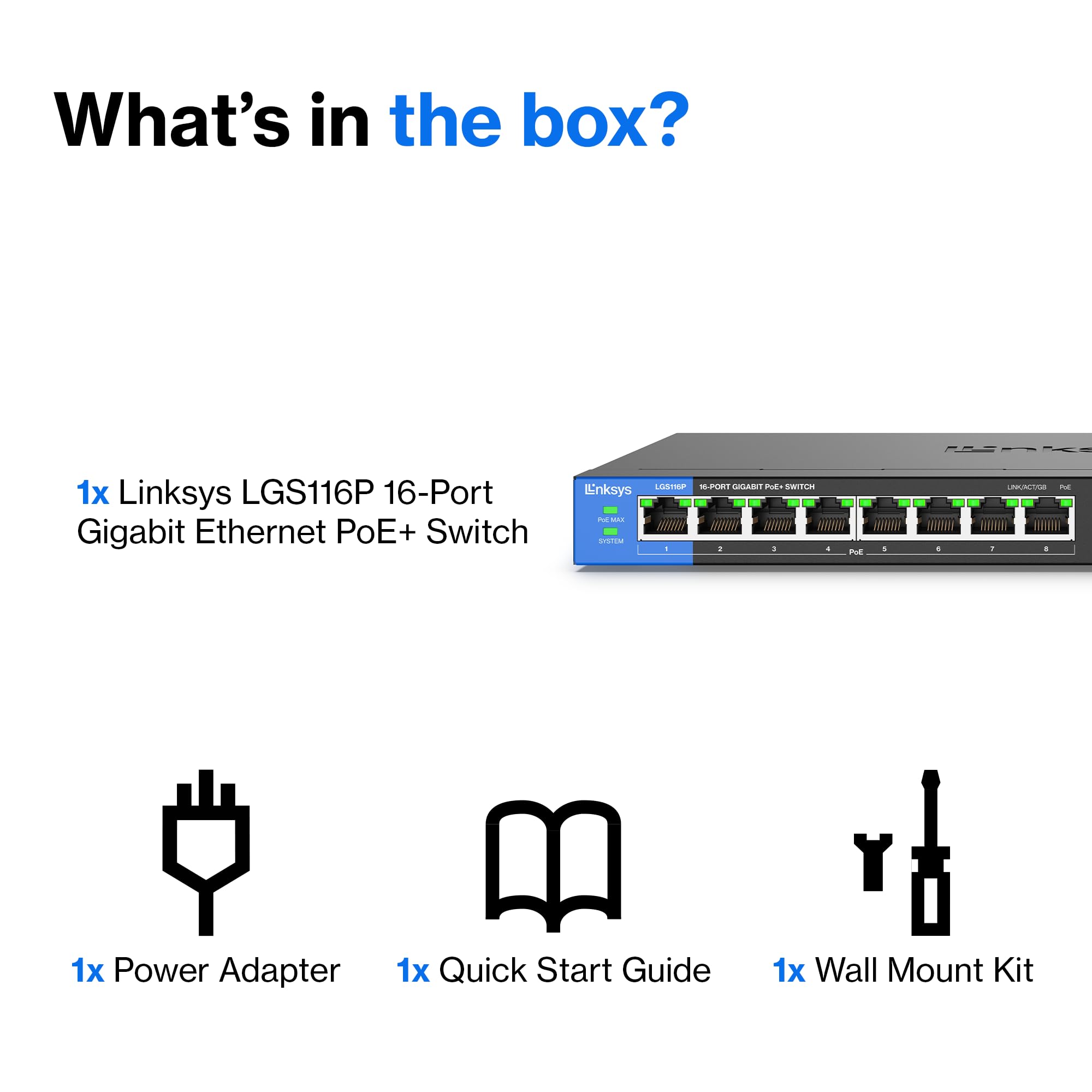 Linksys Lgs116P 16 Port Gigabit Unmanaged Network Poe Switch With 8 Poe+ Ports @ 80W - Ideal For Business, Home, Office, Ip Surv