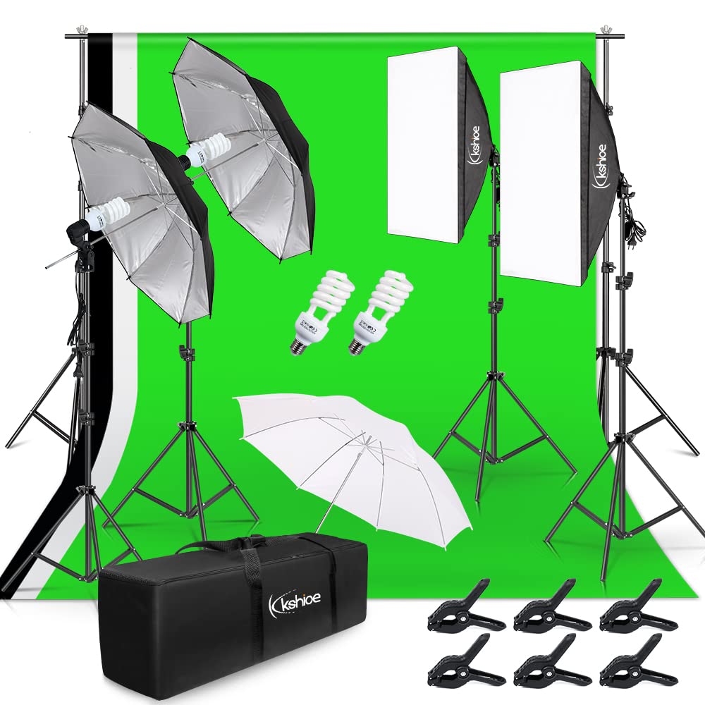 Kshioe Photo Lighting Kit, 2M X 3M/6.6Ft X 9.8Ft Background Support System And 900W 6400K Umbrellas Softbox Continuous Lighting
