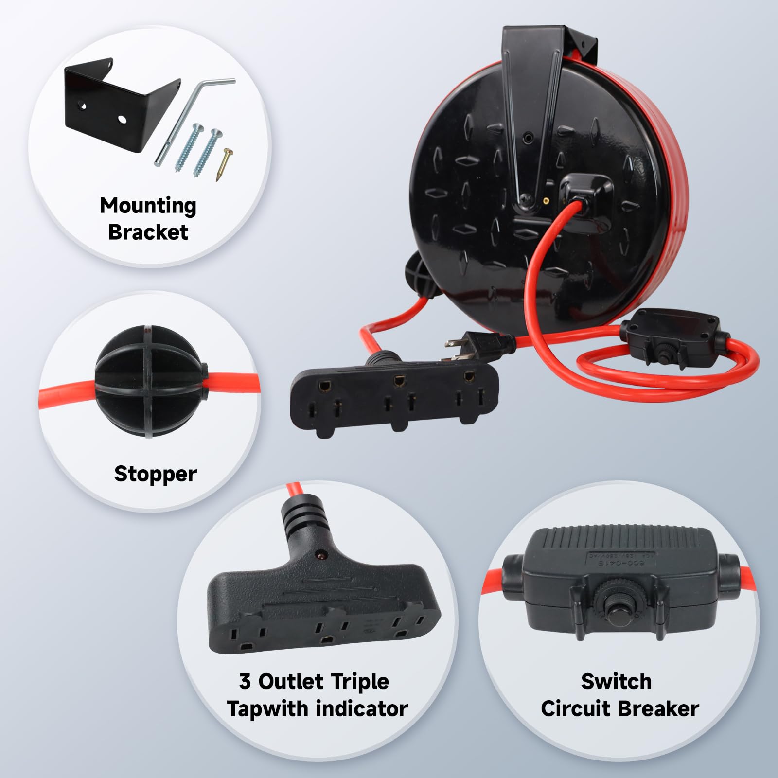Ep 30 Ft Retractable Extension Cord Reel, 16/3 Sjtw Power Cord With 3 Electrical Outlets, Ceiling Or Wall Mount, 10 Amp Circuit