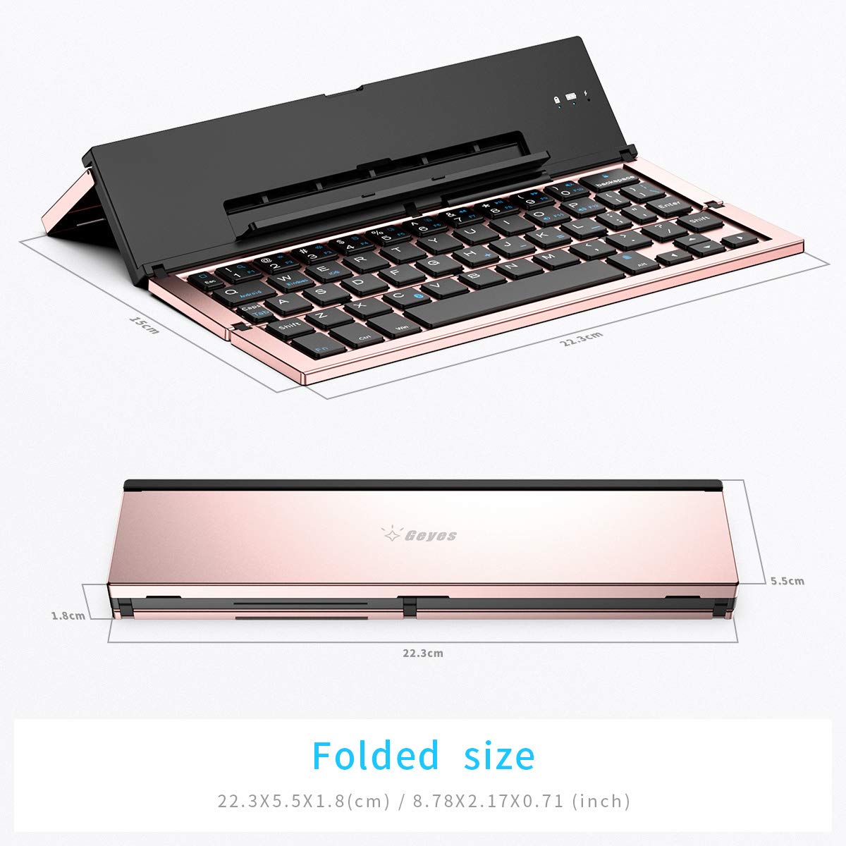 Geyes Bluetooth Keyboard Foldable Portable Folding Travel Keyboard For Iphone 15 Pro Plus/Xs/Max/X/14/13 /12/11 /Ipad/Ipad Mini 4, Samsung Android Tablet Smart Phone (Rose Gold)