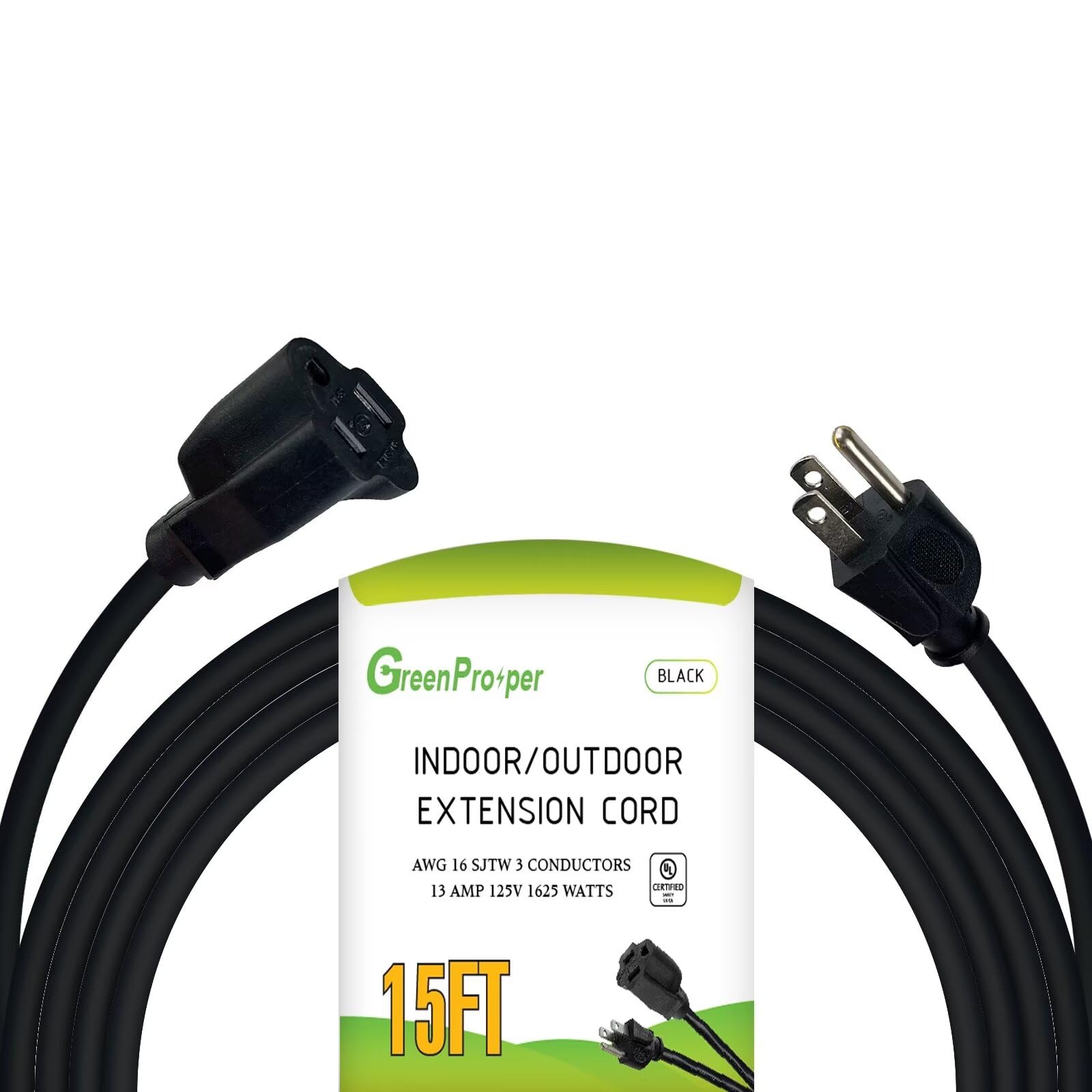 Greenprosper 15 Ft Indoor Outdoor Black Extension Cord, 16 Gauge Waterproof Electrical Power Cable, 16/3 Sjtw 3 Prong Grounded P