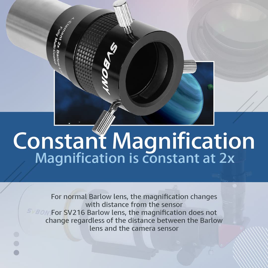 Svbony Sv216 2X Barlow Lens, 1.25Inch Fmc 4-Elements Apo Apochromatic Barlow, Double Magnification Telescope Accessories For Pla