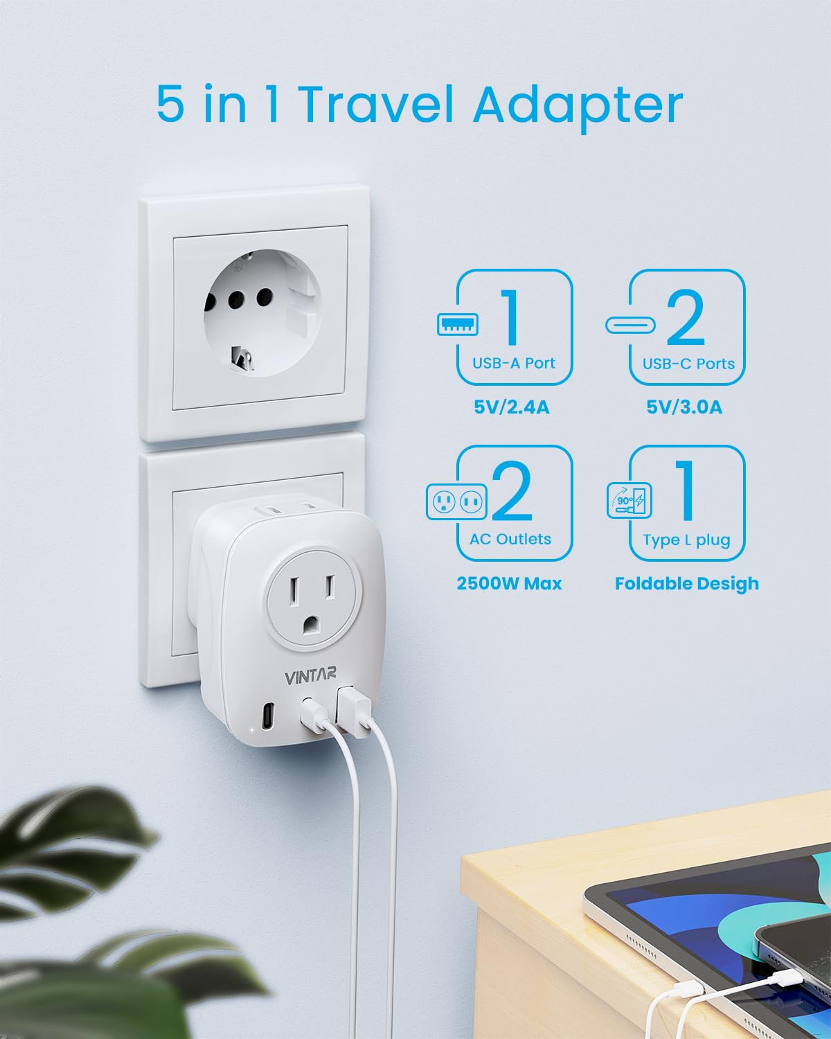 2 Pack Italy Travel Plug Adapter, Vintar Foldable Italy Power Adapter With 2 Ac Outlets 1 Usb And 2 Usb C Ports, 3 Prong Grounde