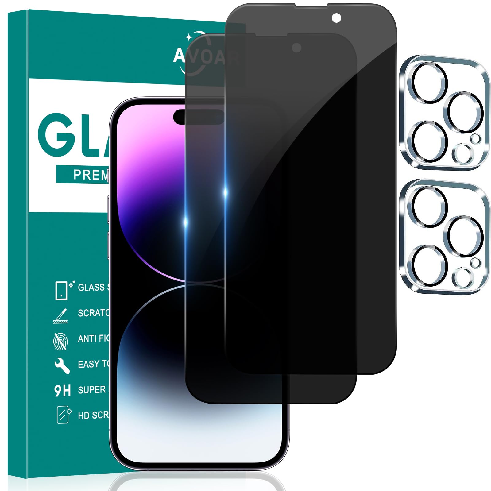 Avoar [2+2 Pack Privacy Screen Protector For Iphone 14 Pro Max With Camera Lens Protector, 6.7 Inch Tempered Full Screen Glass A