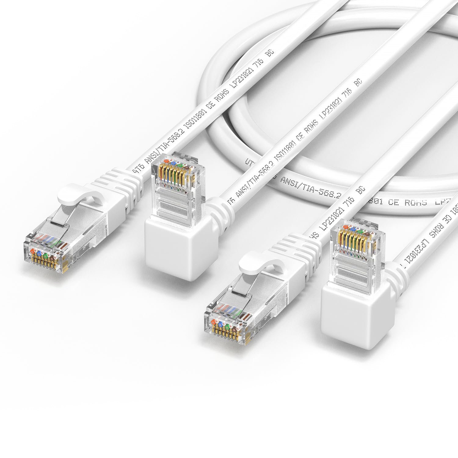 Juxinice 2Pack 90 Degree Cat6 Ethernet Cable White 10Ft Up Angle, Cat 6 Right Angle Ethernet Patch Cable Gigabit Rj45 Network Cable,Bandwidth Up To 250Mhz 1Gbps