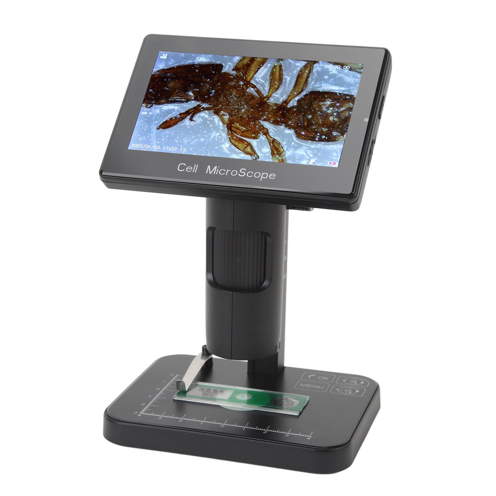 Digital Microscope, 1080P 1000X Magnification, 5in Screen, 8X Zoom, 3 Lighting Modes, Double Focus Adjustment, Dual Power Supply