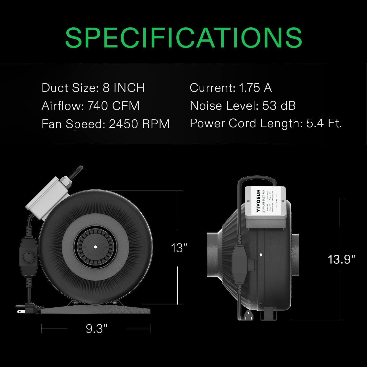 Vivosun Z8 8 Inch Inline Duct Fan, 740 Cfm Ventilation Fan With Variable Speed Controller For Grow Tent, Indoor Garden Ventilati